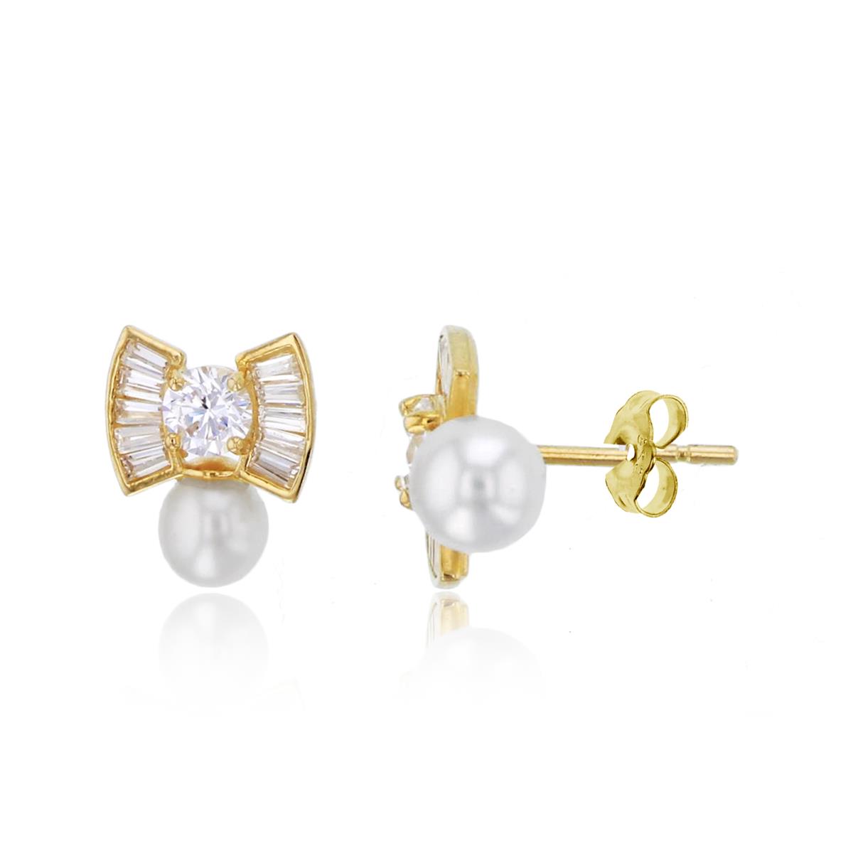 14K Yellow Gold Rnd CZ & Fresh Water Pearl Bow Studs with 4.5mm Clutch