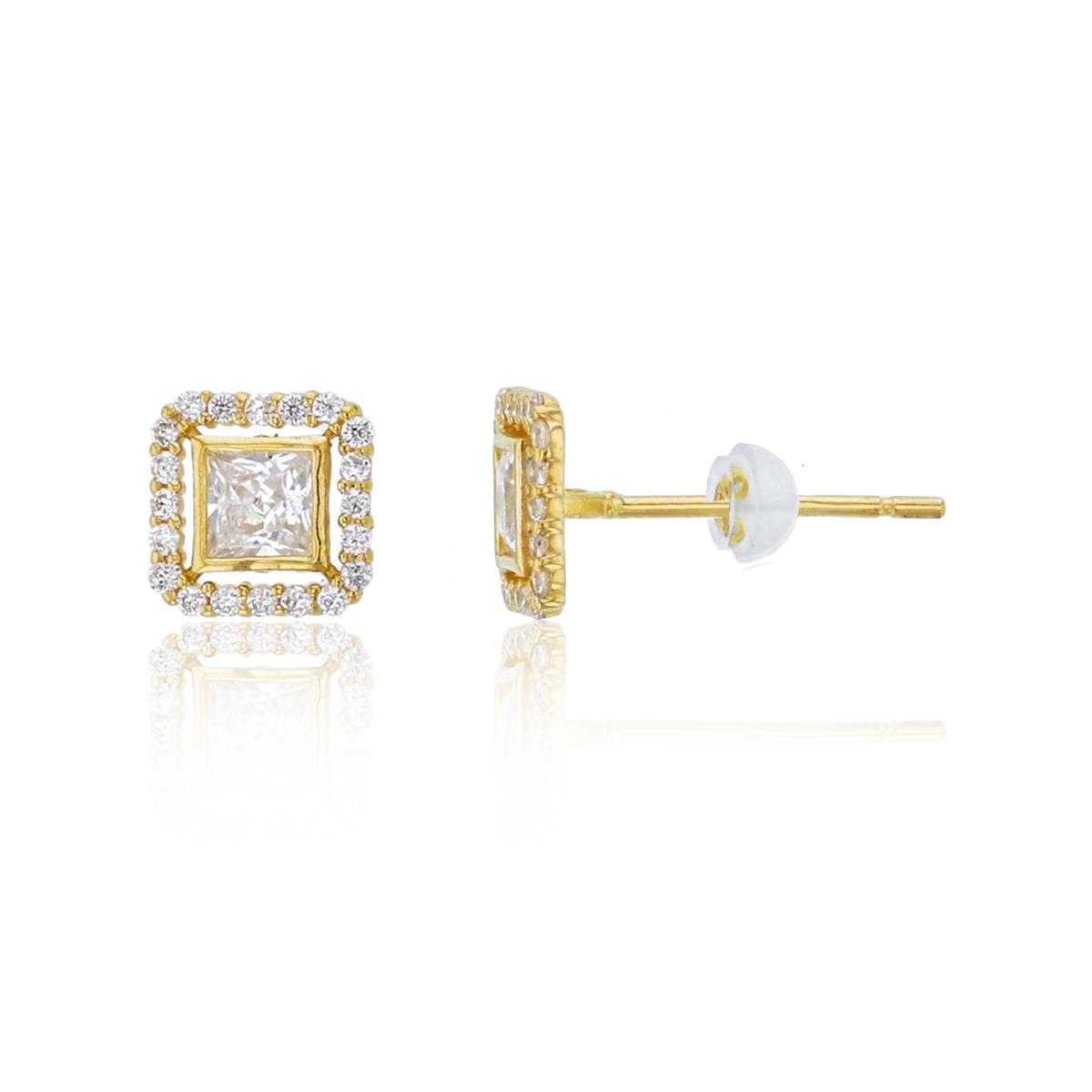 10K Yellow Gold 3mm Square CZ Halo Stud Earring with Silicone Back