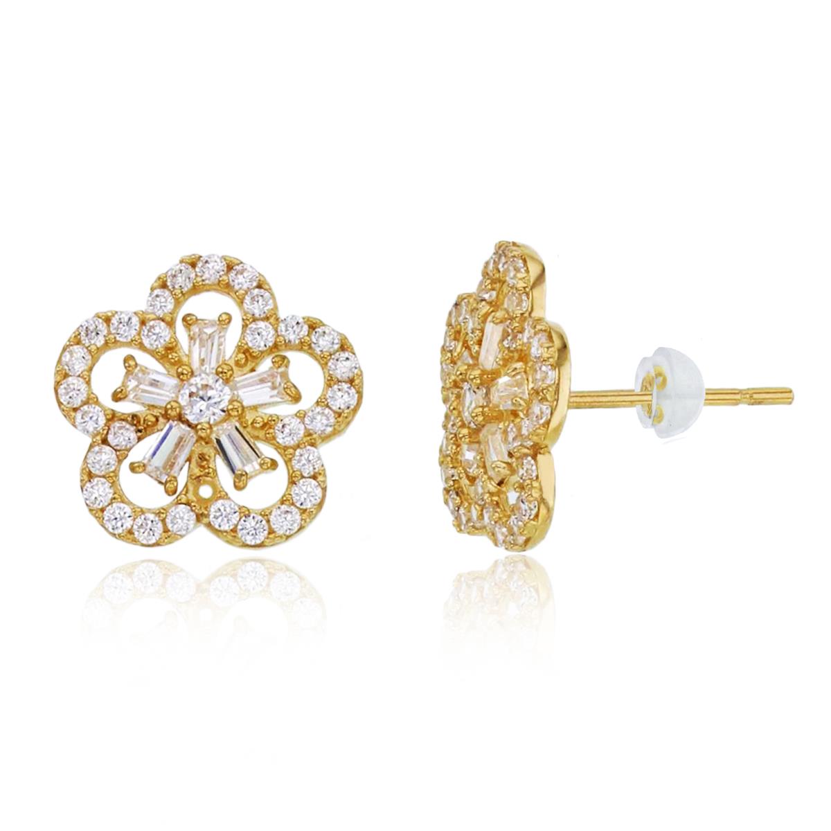 10K Yellow Gold Rd & Bgt CZ Flower Stud Earring with Silicone Back
