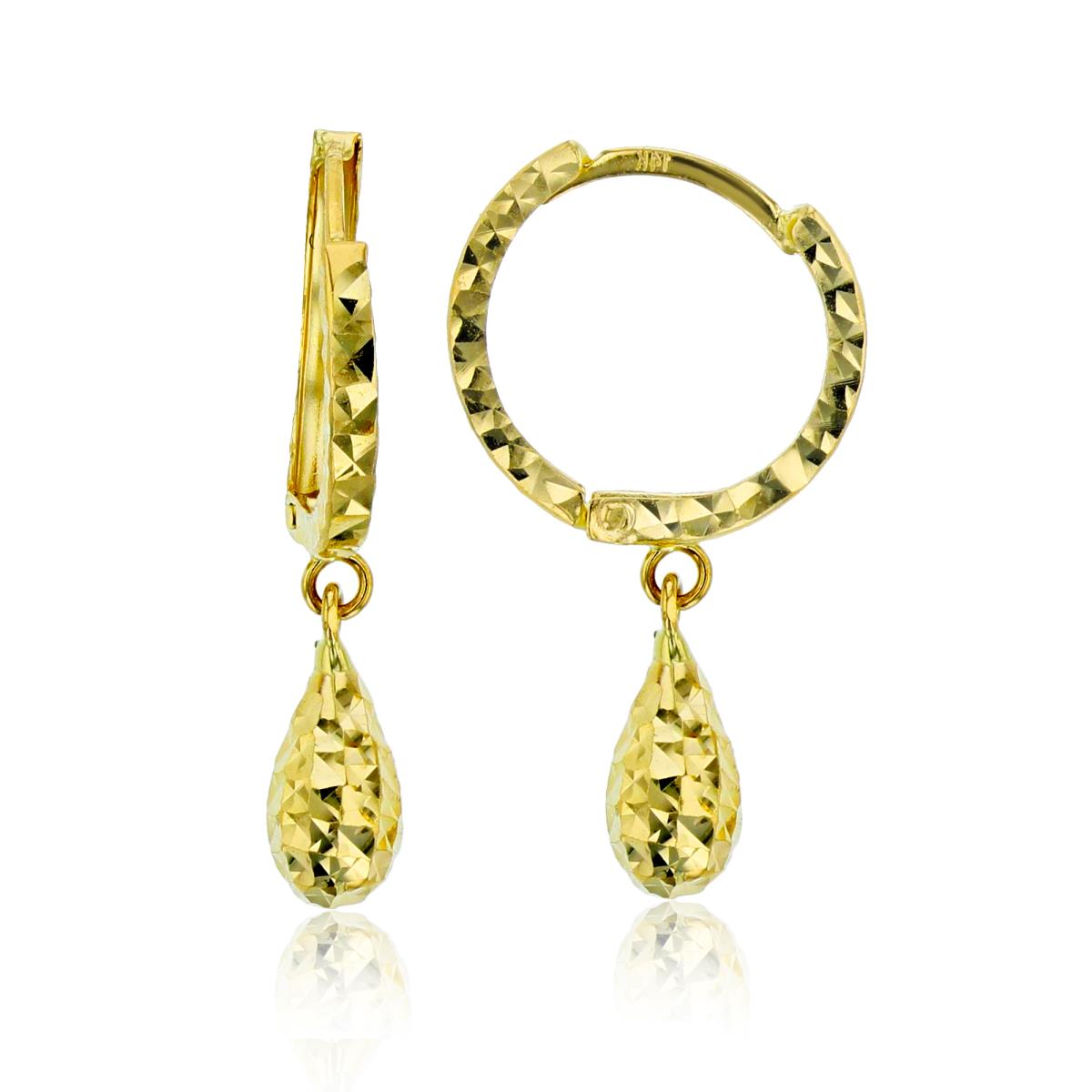10K Yellow Gold Diamond Cut Teardrop Dangling Huggie Earring