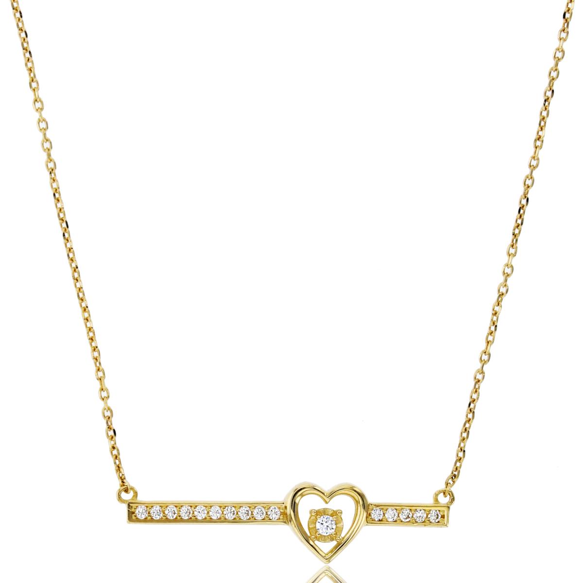 14K Yellow Gold Rnd CZ Heart on Bar 16"+2"Necklace