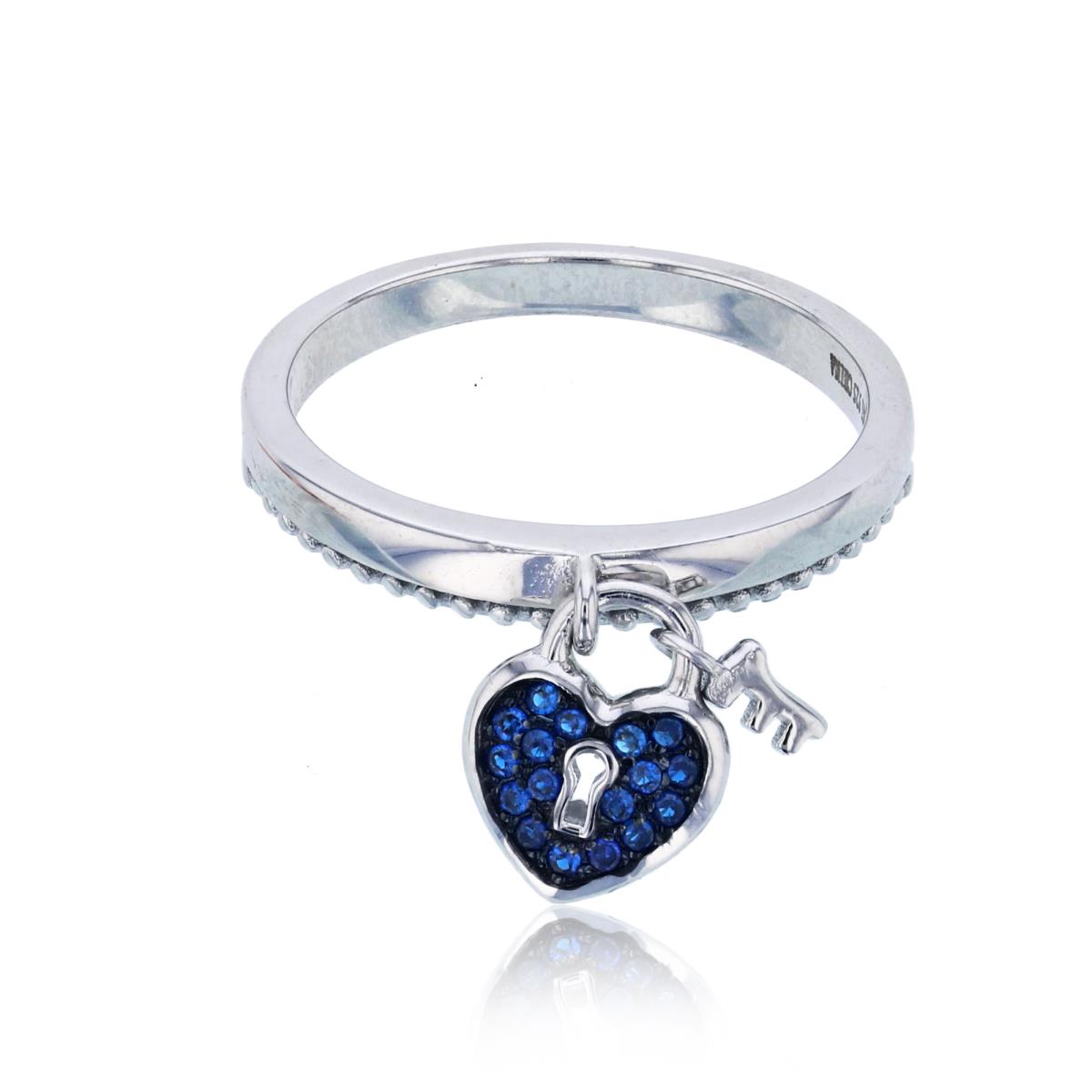 Sterling Silver Rhodium #114 Blue Spinel Dangling Key/Lock Fashion Ring