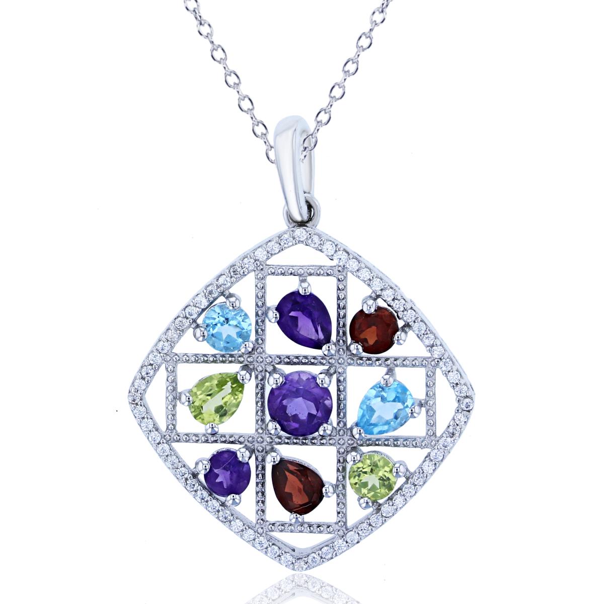 Sterling Silver Rhodium Rd CZ (0.20ct) & PS/Rd Multicolor Gemstones Cush Milgraine 18"Necklace