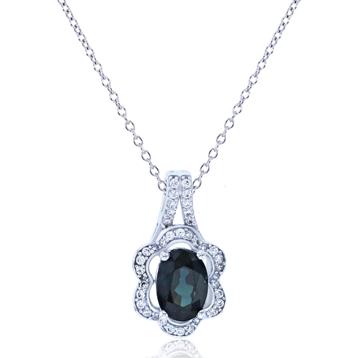 14K White Gold 0.12cttw Rnd Diamonds & 7x5mm Ov Sapphire Flower 16+1+1"Necklace