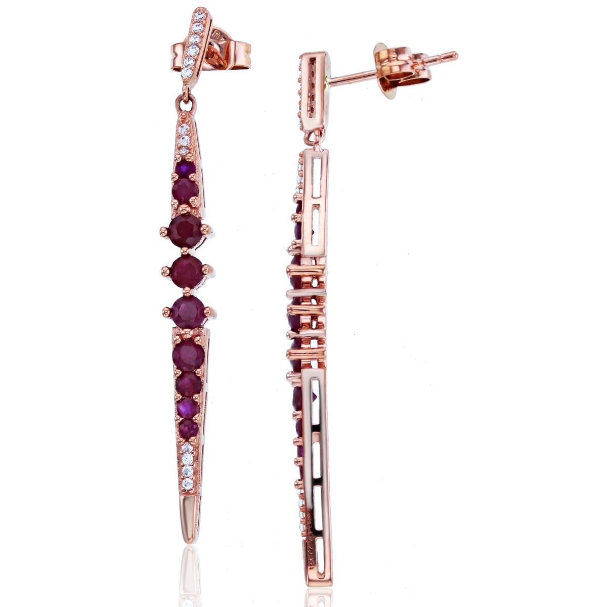 14K Rose Gold Rd CZ (0.08ct diam) & Rd Ruby Graduated Vertical Row Earring