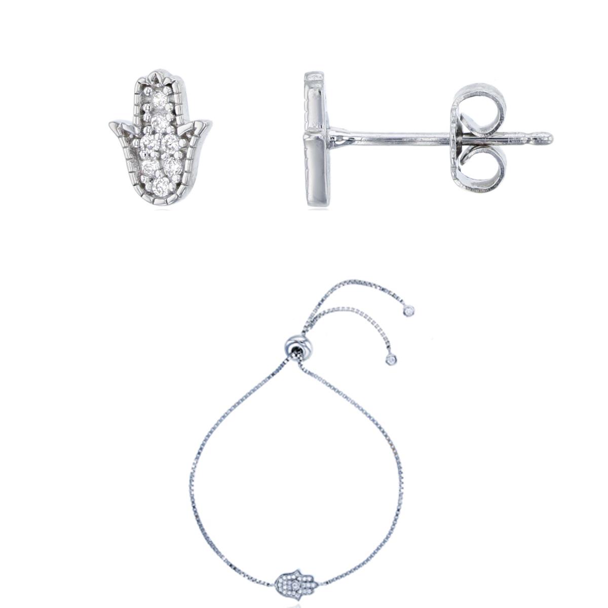Sterling Silver Rhodium Micropave Round CZ Hamsa Adj Bracelet & Stud Earring Set