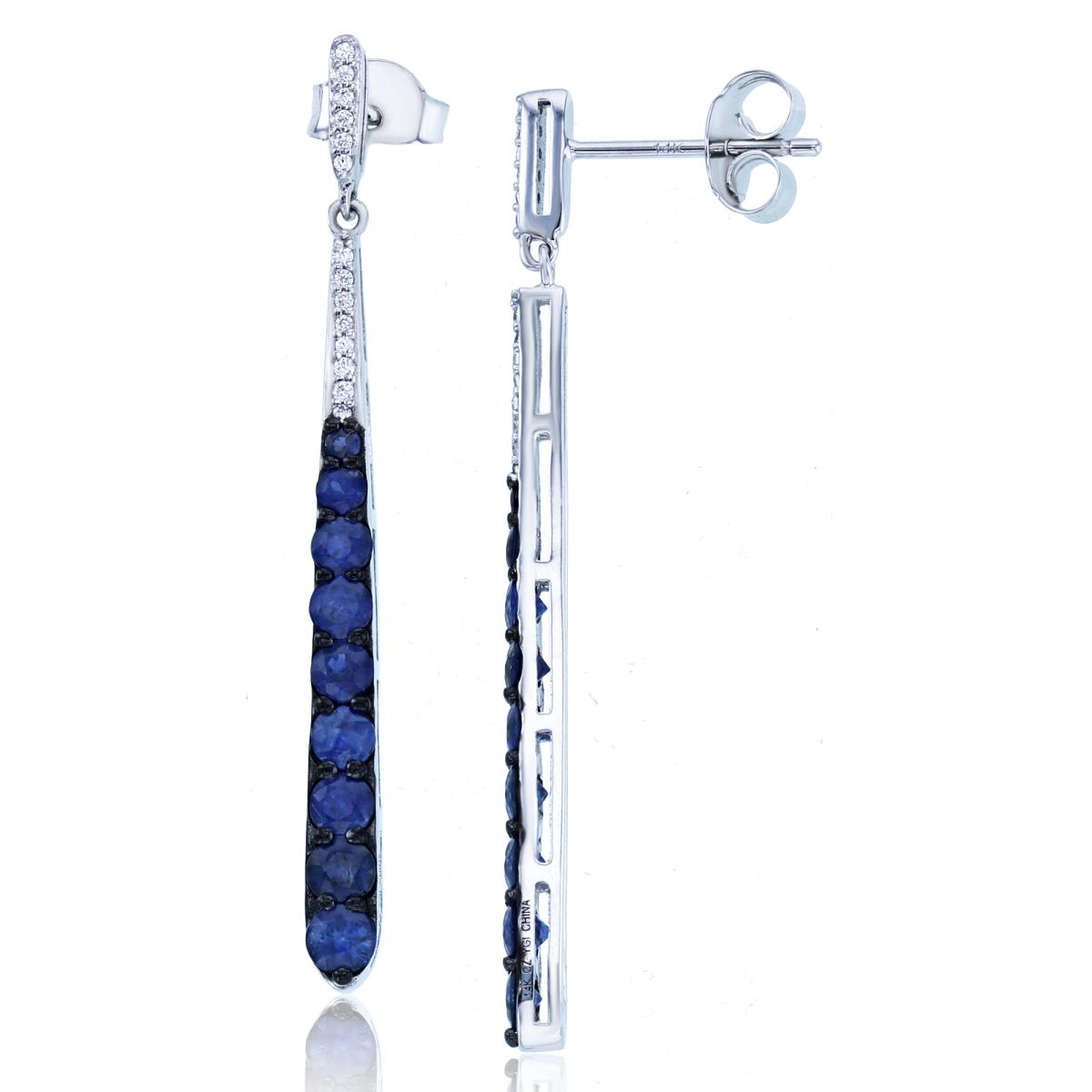 14K White Gold Rd CZ (0.09ct diam) & Rd Sapphire Graduated Vertical Row Earring