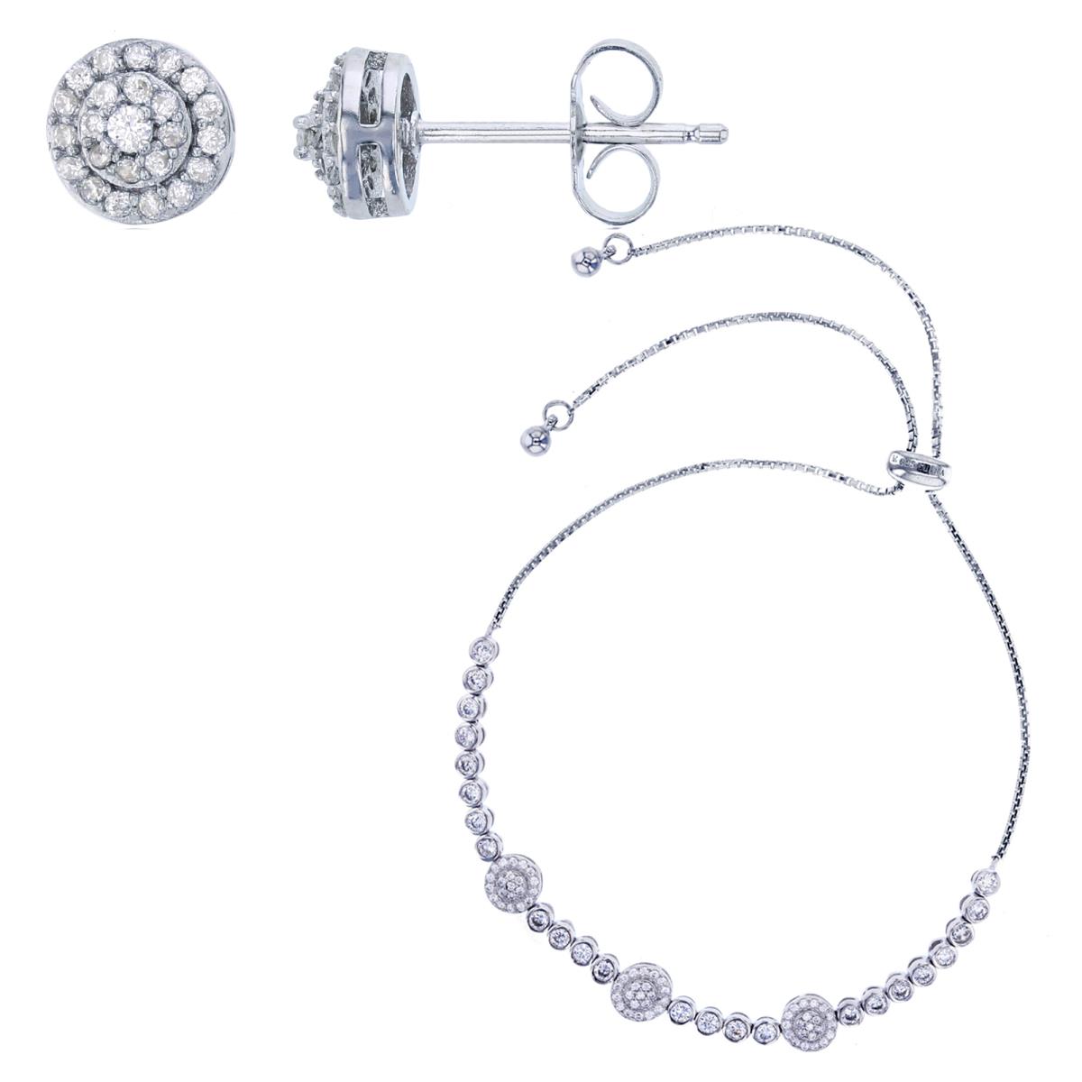 Sterling Silver Rhodium Round CZ Bezel Adj Bracelet &  Halo Round CZ Stud Earring Set