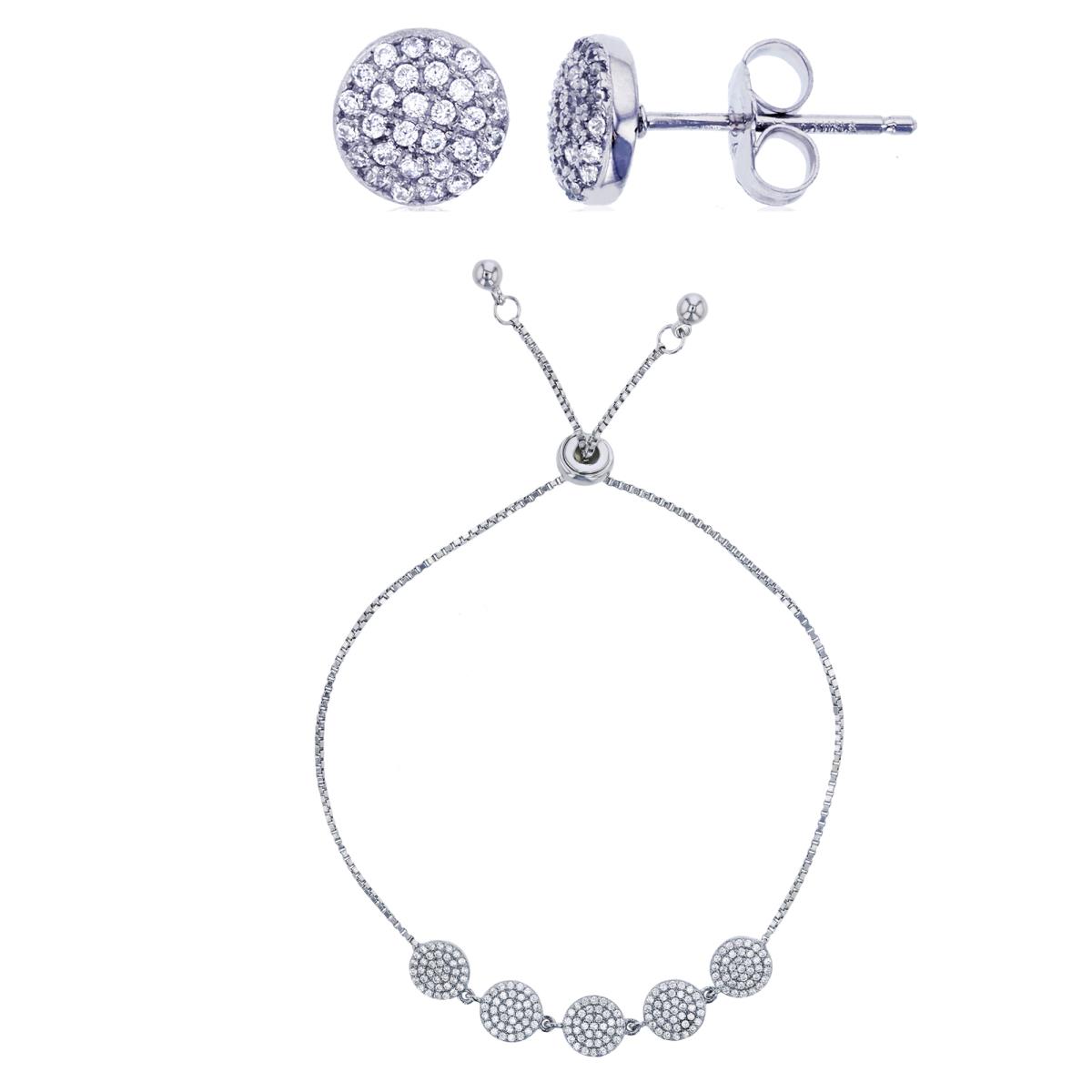 Sterling Silver Rhodium Five Micropave Circles Adj Bracelet & Rd CZ Circle Stud Earring Set