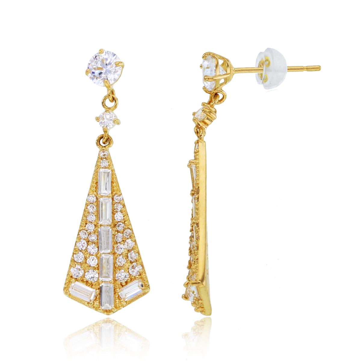 10K Yellow Gold Rnd & SB CZ Chandelier Earrings with Silicon Backs