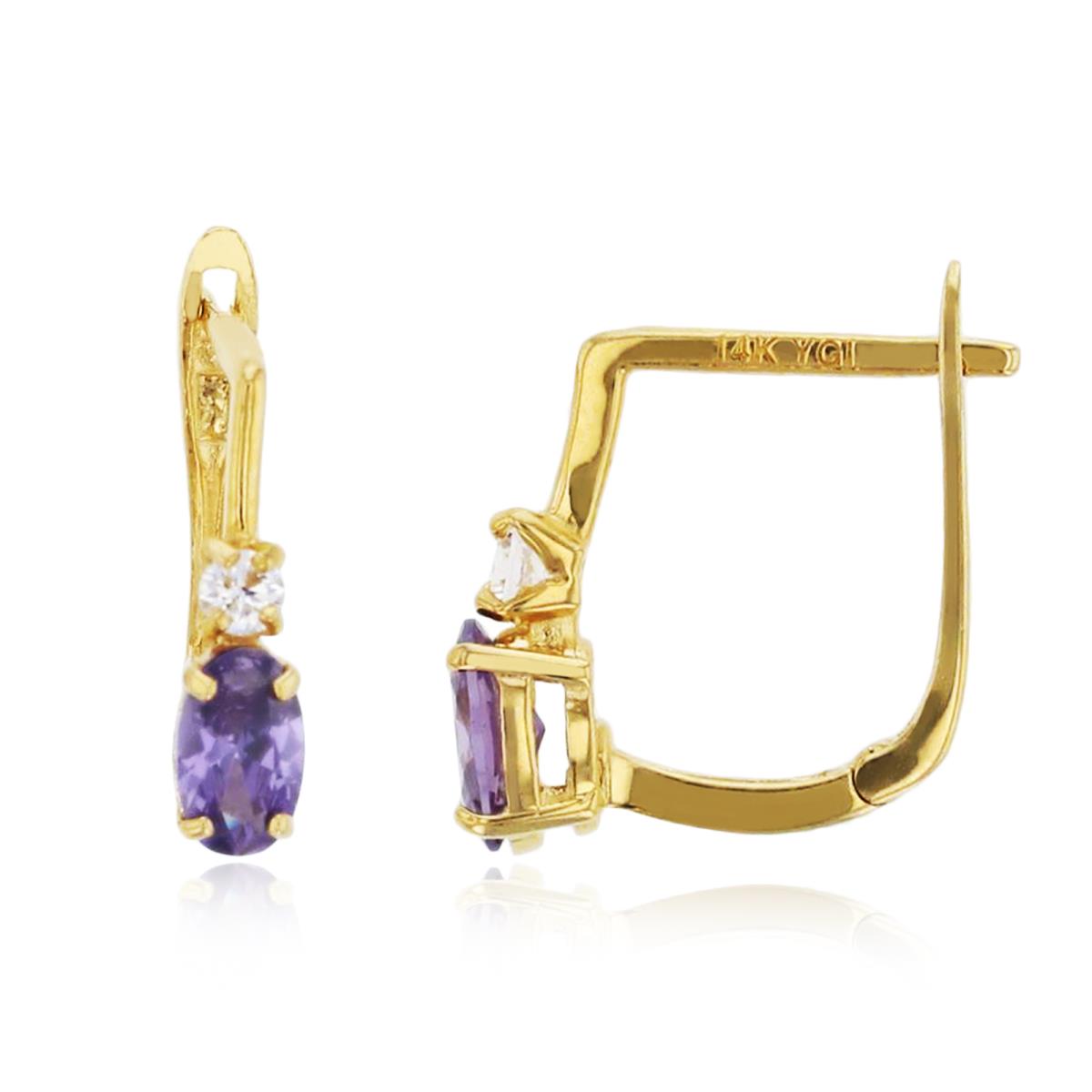 10K Yellow Gold Rnd White & 5x3mm Oval Amethyst CZ Earrings with Latch Backs
