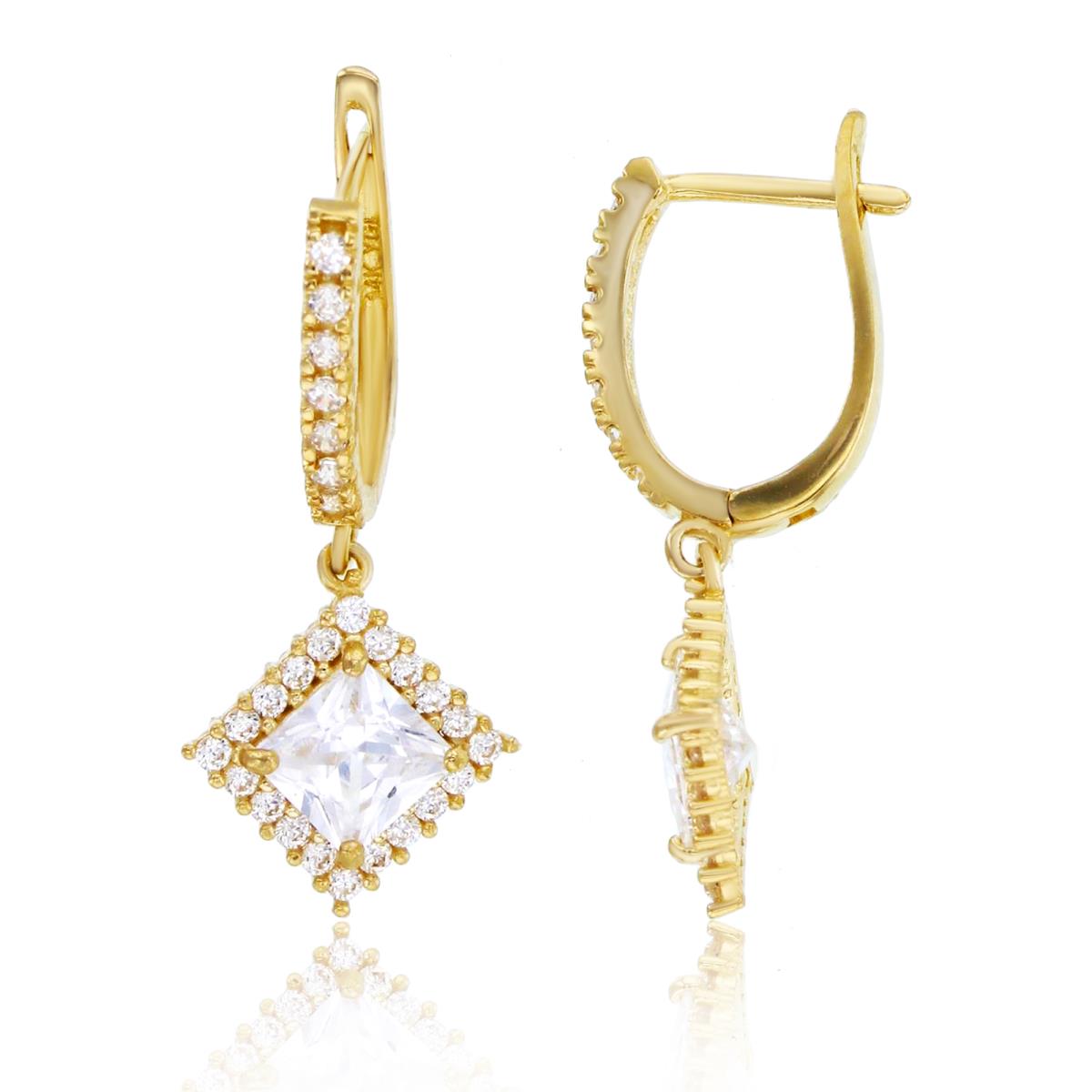 10K Yellow Gold 5mm Princess & Rnd White CZ Square Dangling Earrings with Latch Backs