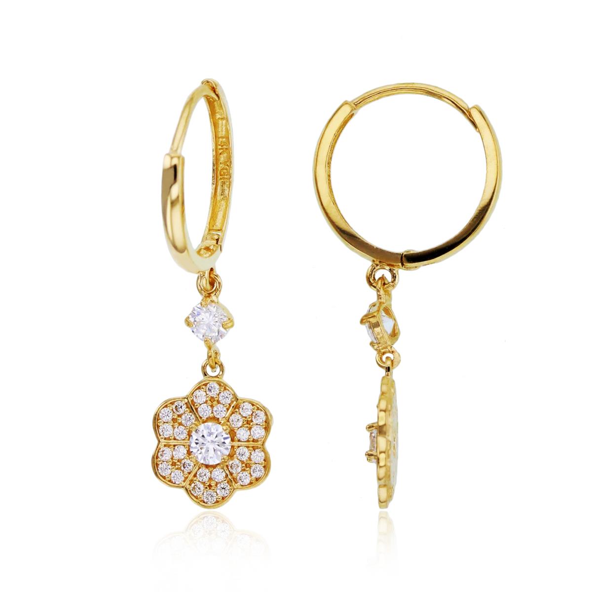 10K Yellow Gold Huggie Top & Rnd CZ Micropave Dangling Flower Earrings
