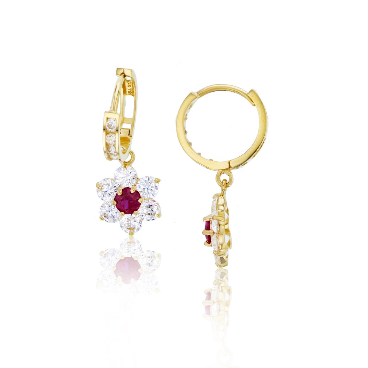 10K Yellow Gold Rnd White & Ruby CZ Flower Dangling on Huggie Earrings