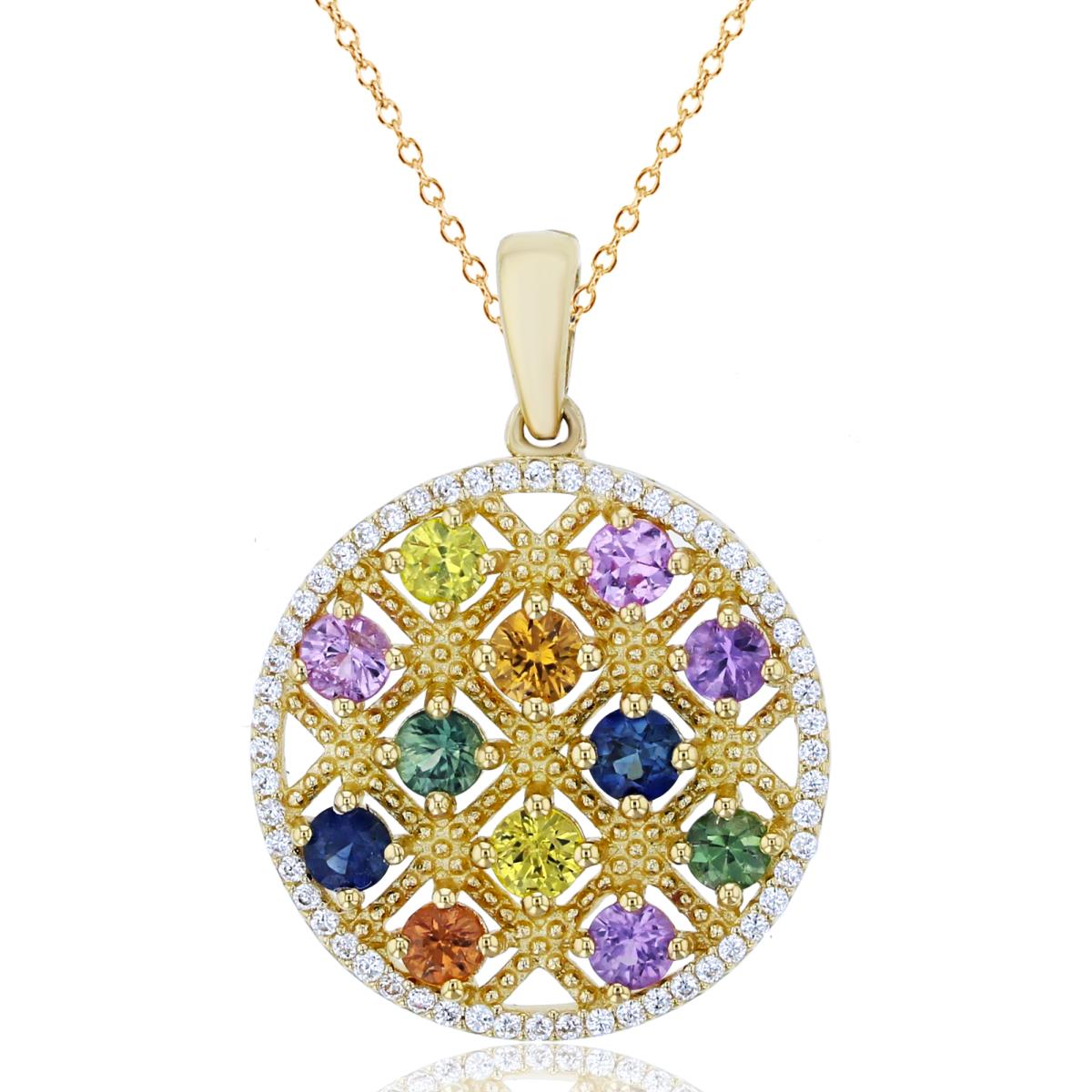 14K Yellow Gold Rnd CZ (0.17cttw Diam) & Multicolor Sapphire Textured Circle 18"Necklace