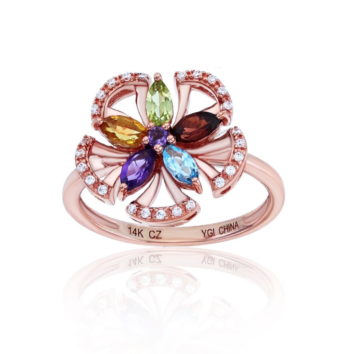 14K Rose Gold Rnd CZ (0.08cttw Diam) & 5x2.5mm MQ-Multicolor Semi-Precious Flower Ring