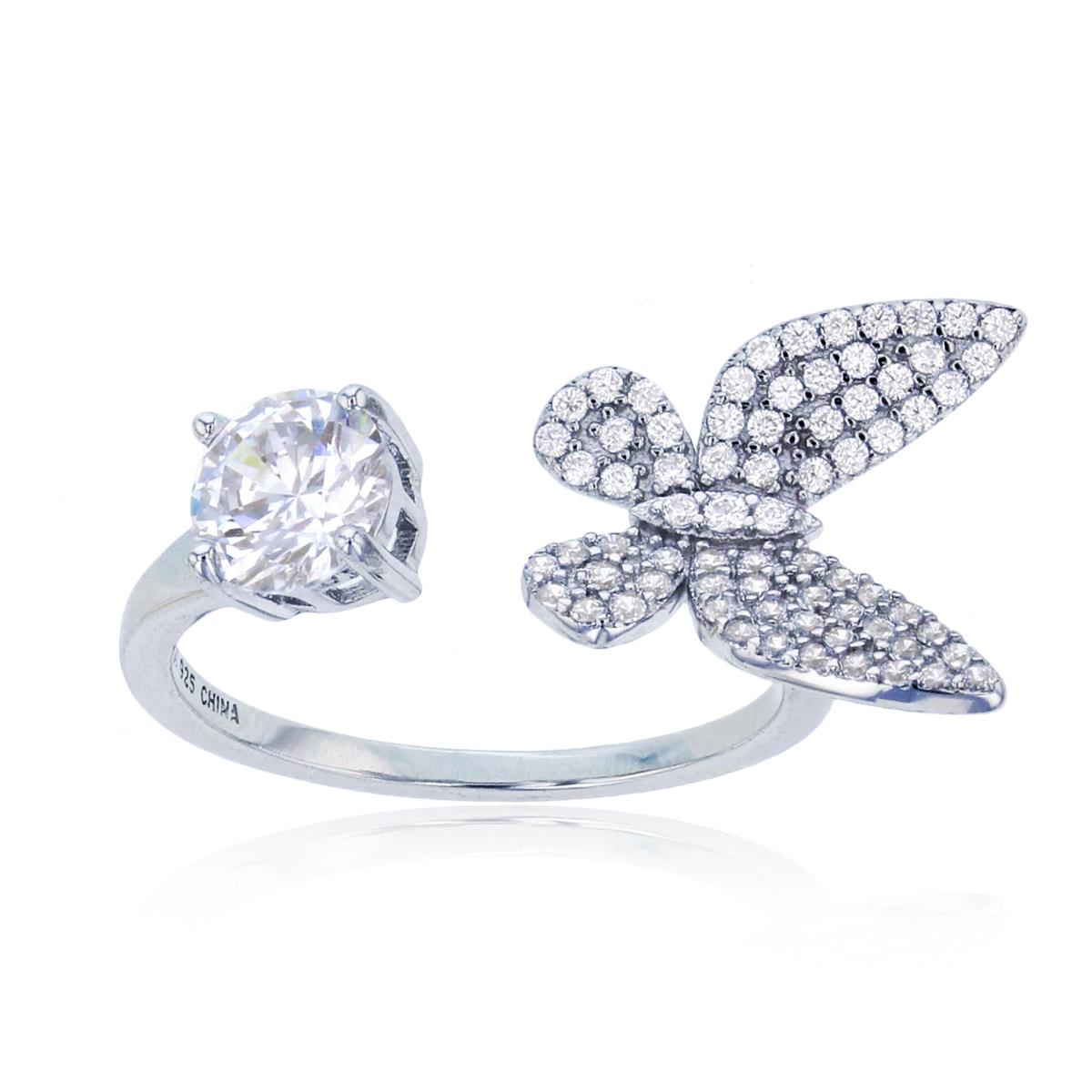 Sterling Silver Rhodium Micropave Butterfly & 6mm Rd CZ Adj Fashion 12.5mm Polished Ring