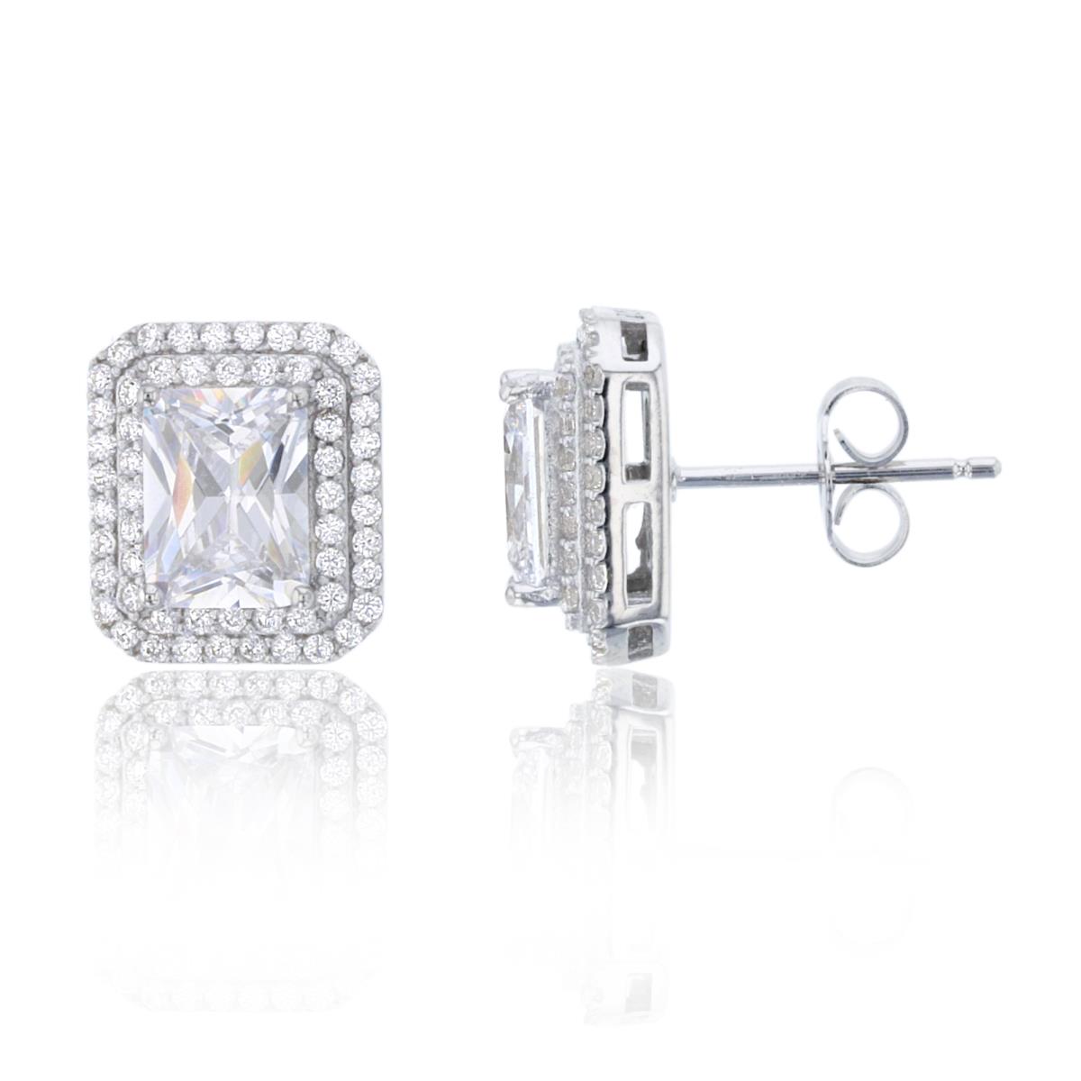Sterling Silver Rhodium 8x6mm Radiant Cut & Rnd White CZ Double Halo Stud Earring with 10mm Back