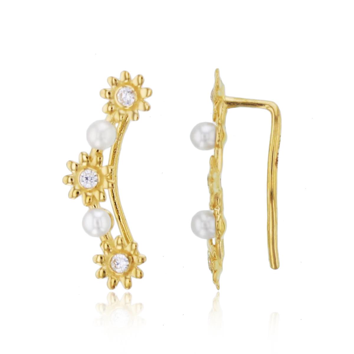 10K Yellow Gold Rnd CZ & Fresh Water Pearl Crawl Earrings with Silicon Backs