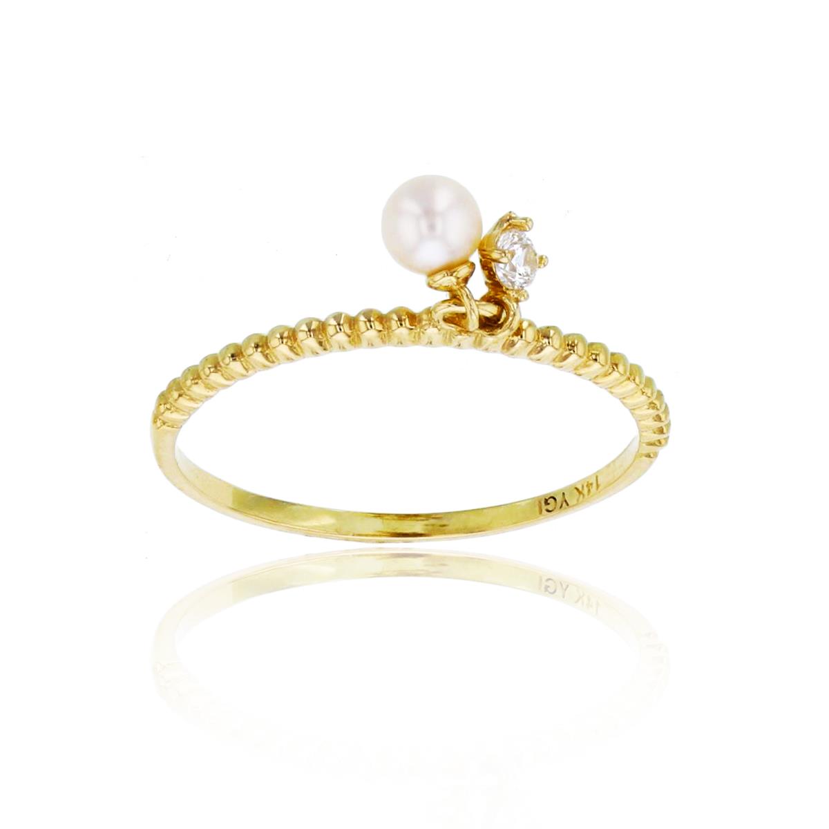 10K Yellow Gold Dangling 3.5mm Fresh Water Pearl & Rnd CZ Beaded Ring