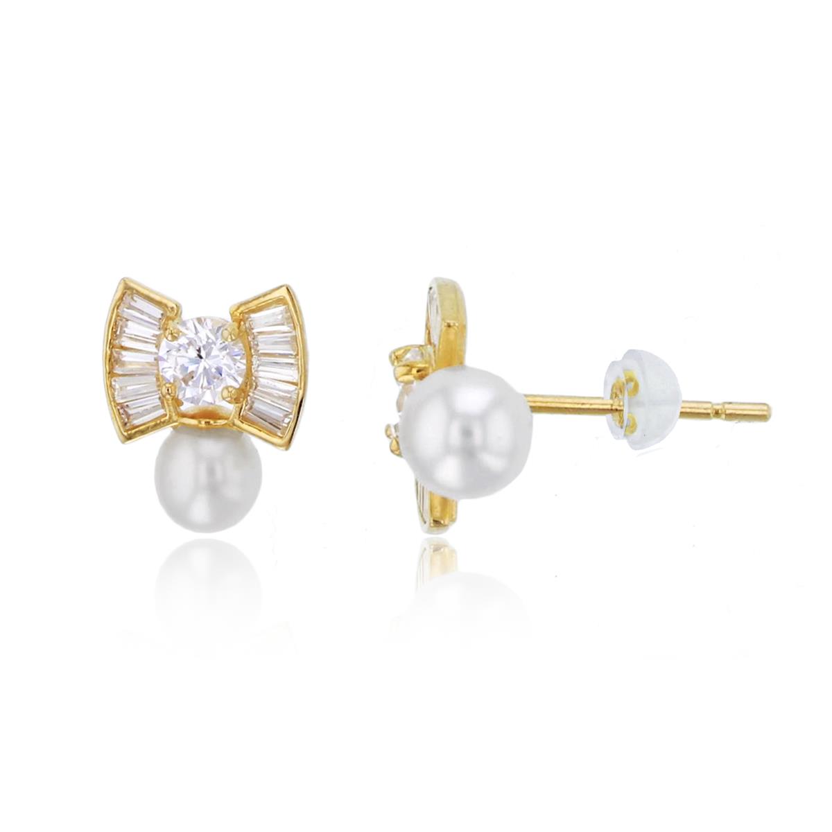 10K Yellow Gold Rnd CZ & Fresh Water Pearl Bow Studs with Silicon Backs