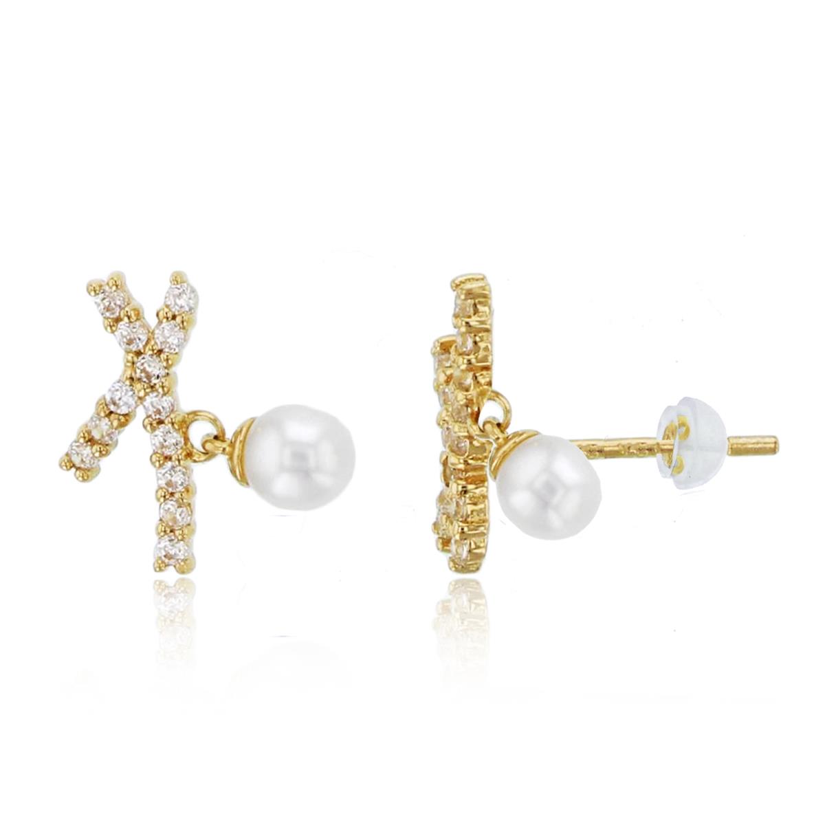 10K Yellow Gold Rnd CZ & Dangling Fresh Water Pearl Criss/Cross Studs with Silicon Backs