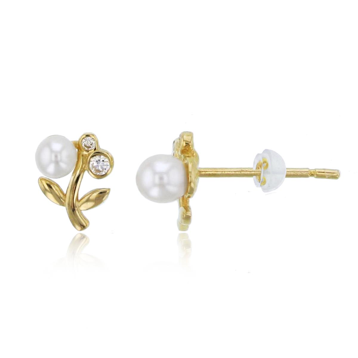 10K Yellow Gold Rnd CZ & Fresh Water Pearl Cherry Studs with Silicon Backs
