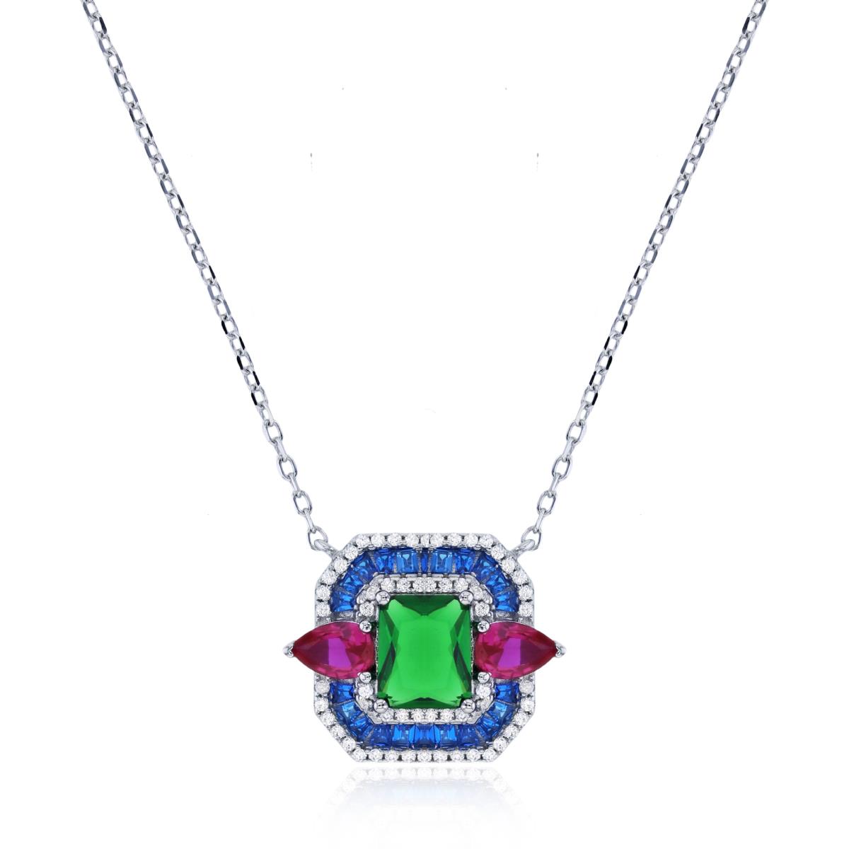 Sterling Silver Rhodium White CZ/Red Corundum/#114 Blue Spinel/Emerald Glass Multi Cut CZ Square 16"+2" Necklace