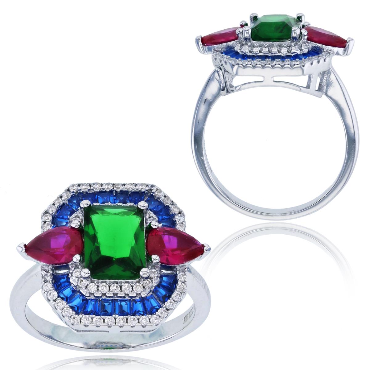 Sterling Silver Rhodium White CZ/Red Corundum/#114 Blue Spinel/Emerald Glass Multi Cut CZ Square Fashion Ring