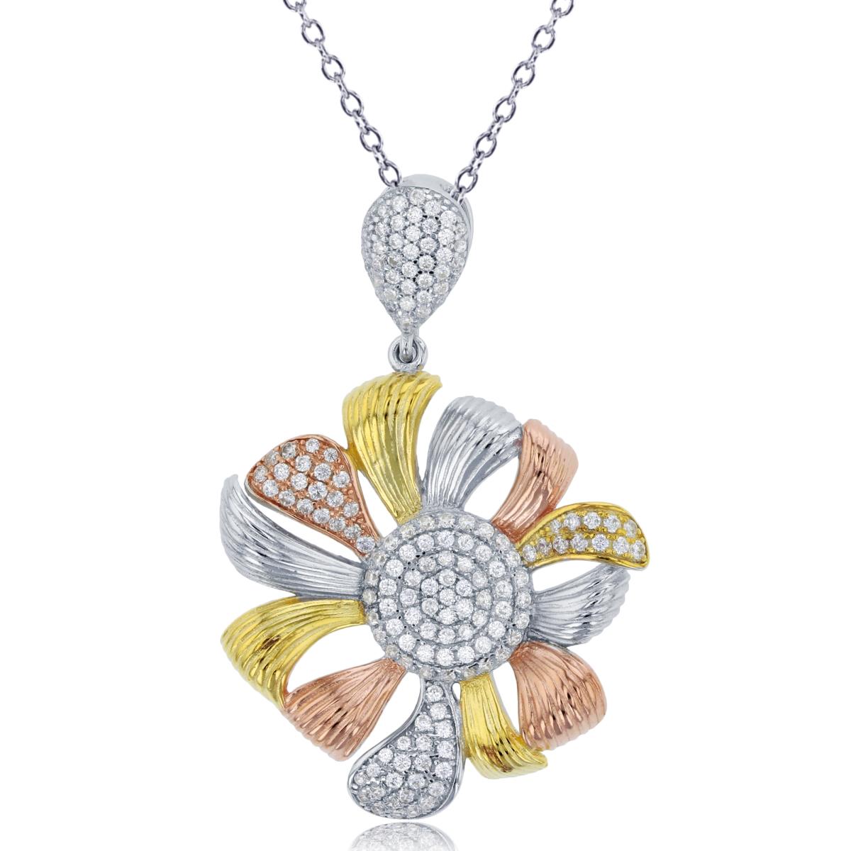 Sterling Silver Tri-Color Micropave Textured Flower 18" Necklace