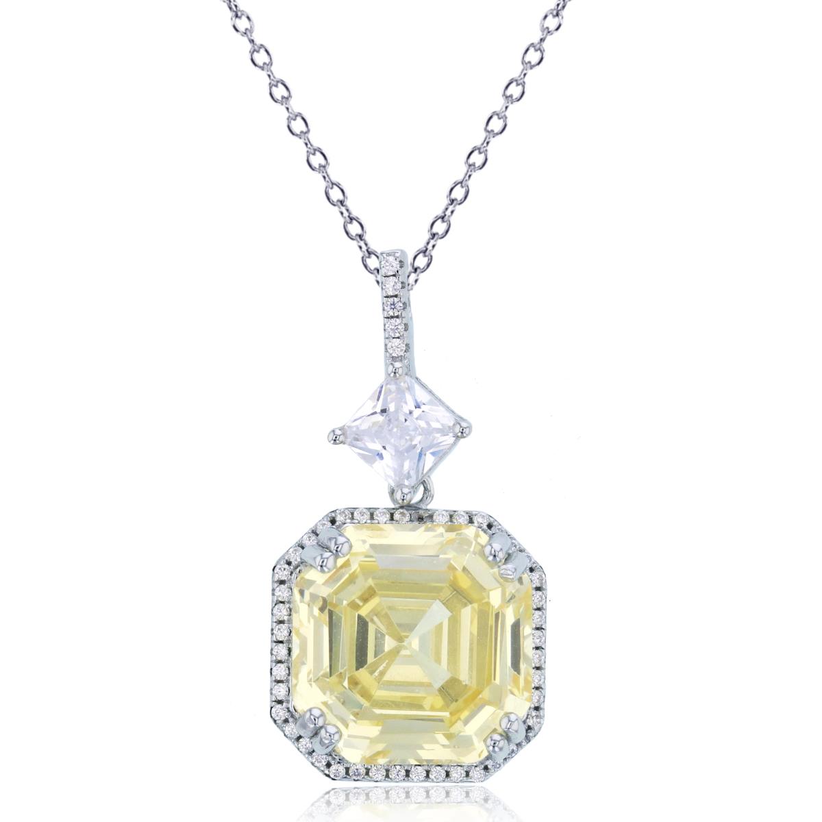 Sterling Silver Rhodium 13mm Square Yellow CZ Halo 18" Necklace