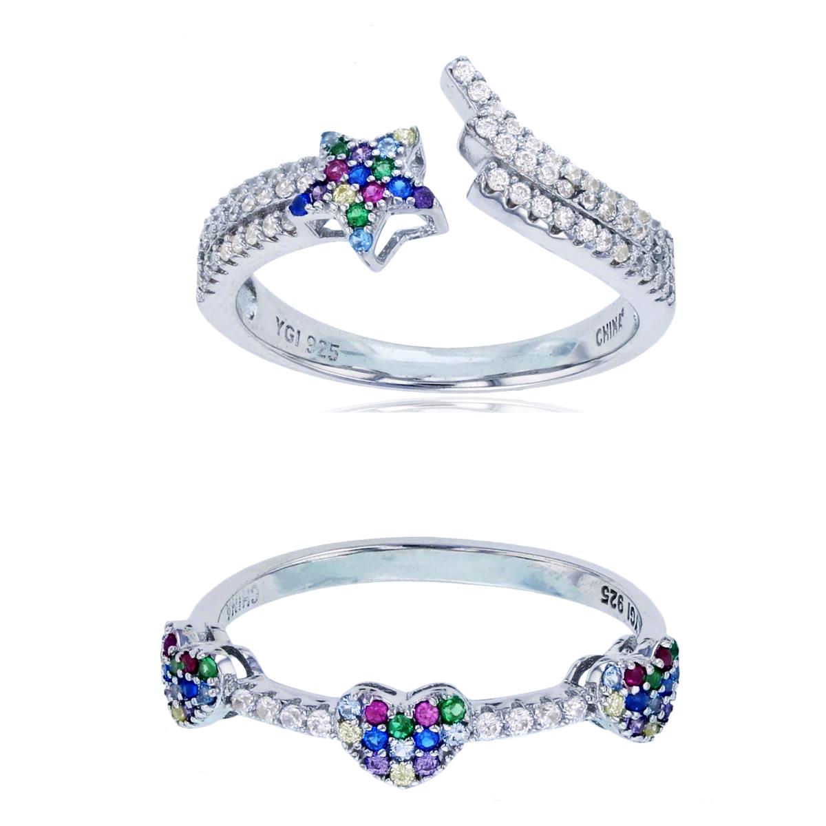 Sterling Silver Rhodium Micropave Multi Color CZ Shooting Star & Triple Heart Ring Set