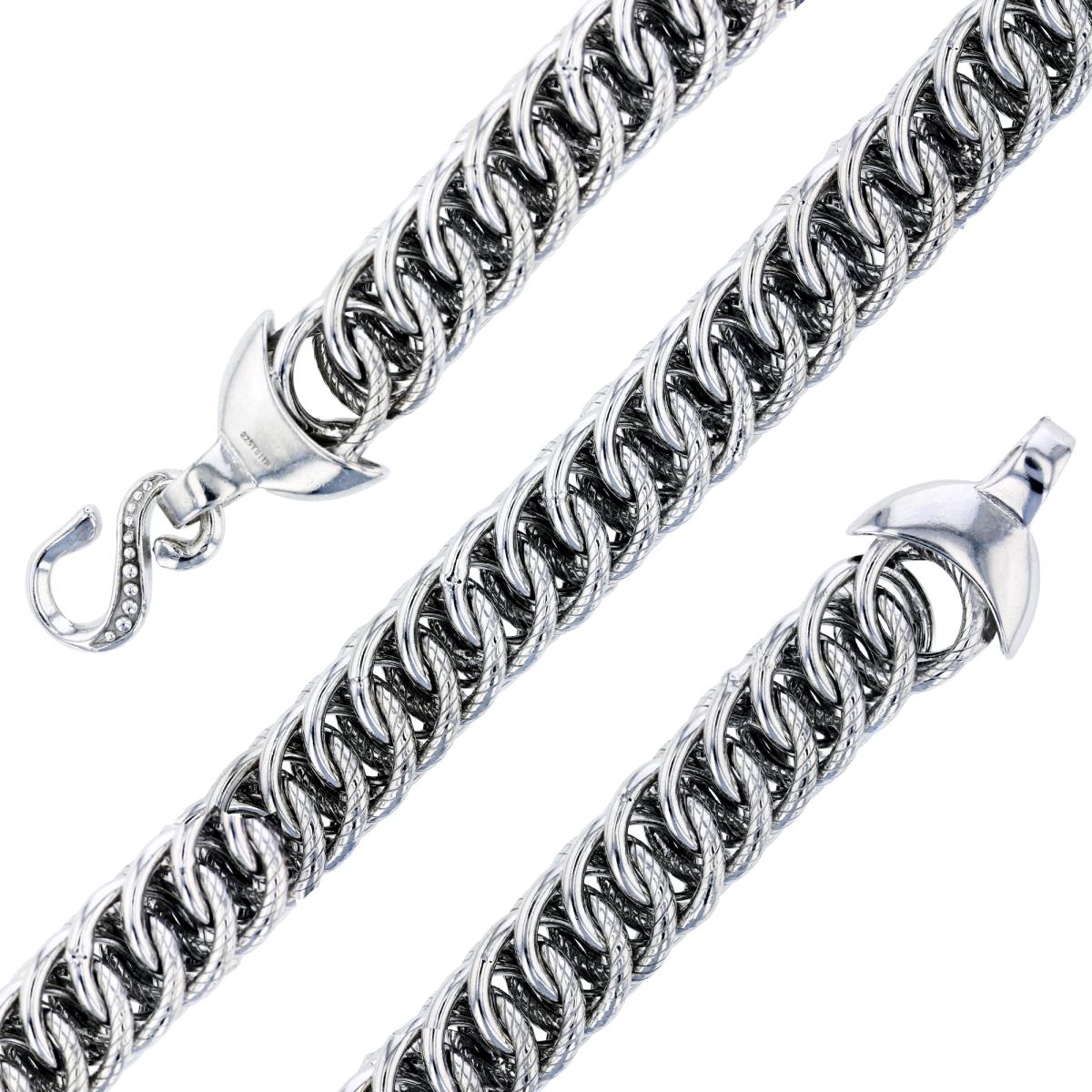 Sterling Silver Rhodium Braided Interlocking Links 8" Bracelet
