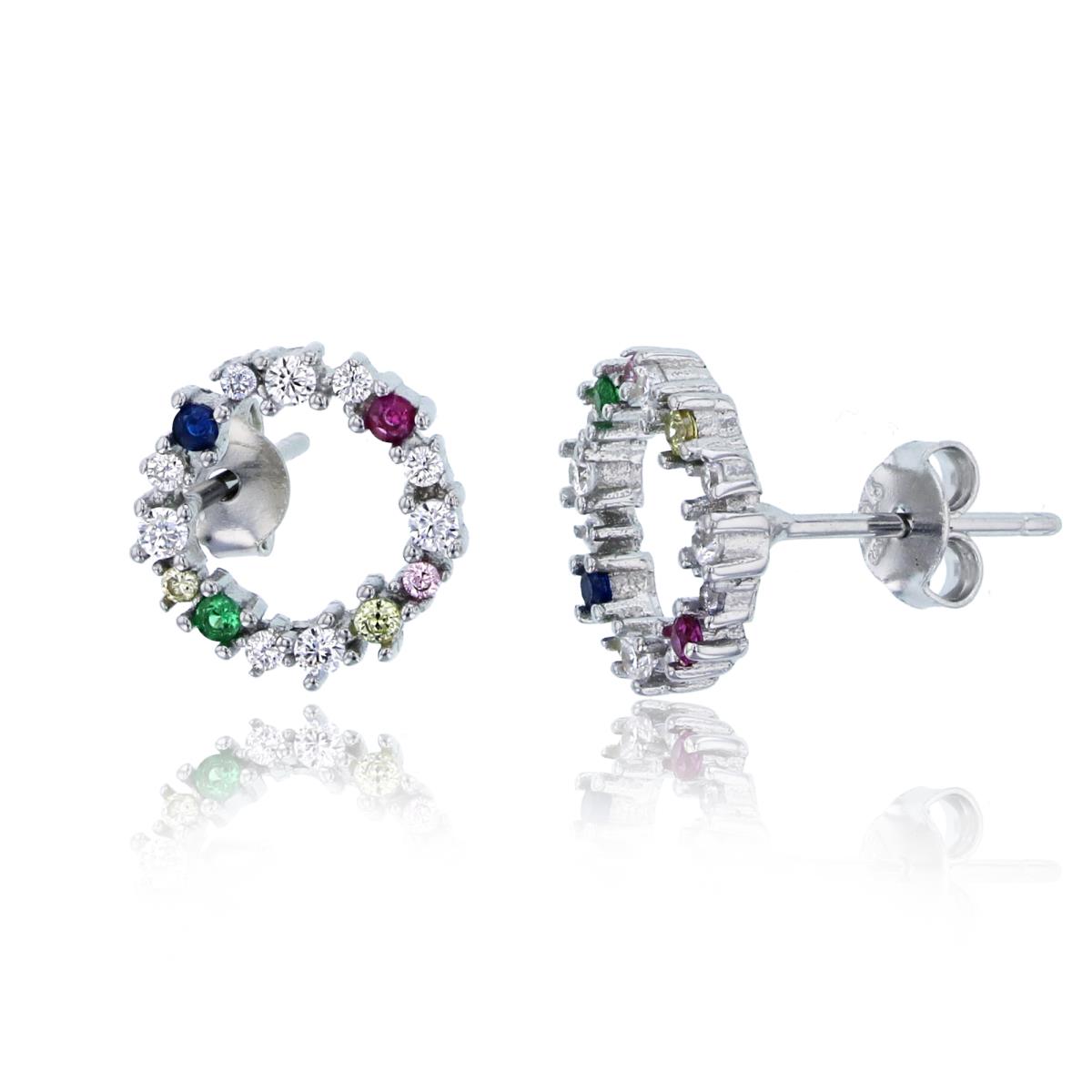 Sterling Silver Rhodium Multi Color CZ Open Circle Stud Earring