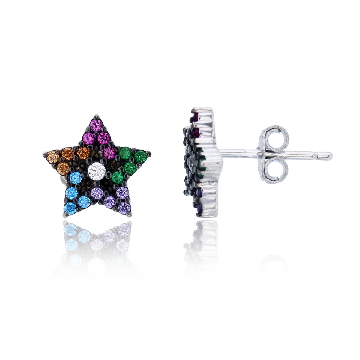 Sterling Silver Rhodium Multi Color CZ Paved Star Stud Earring