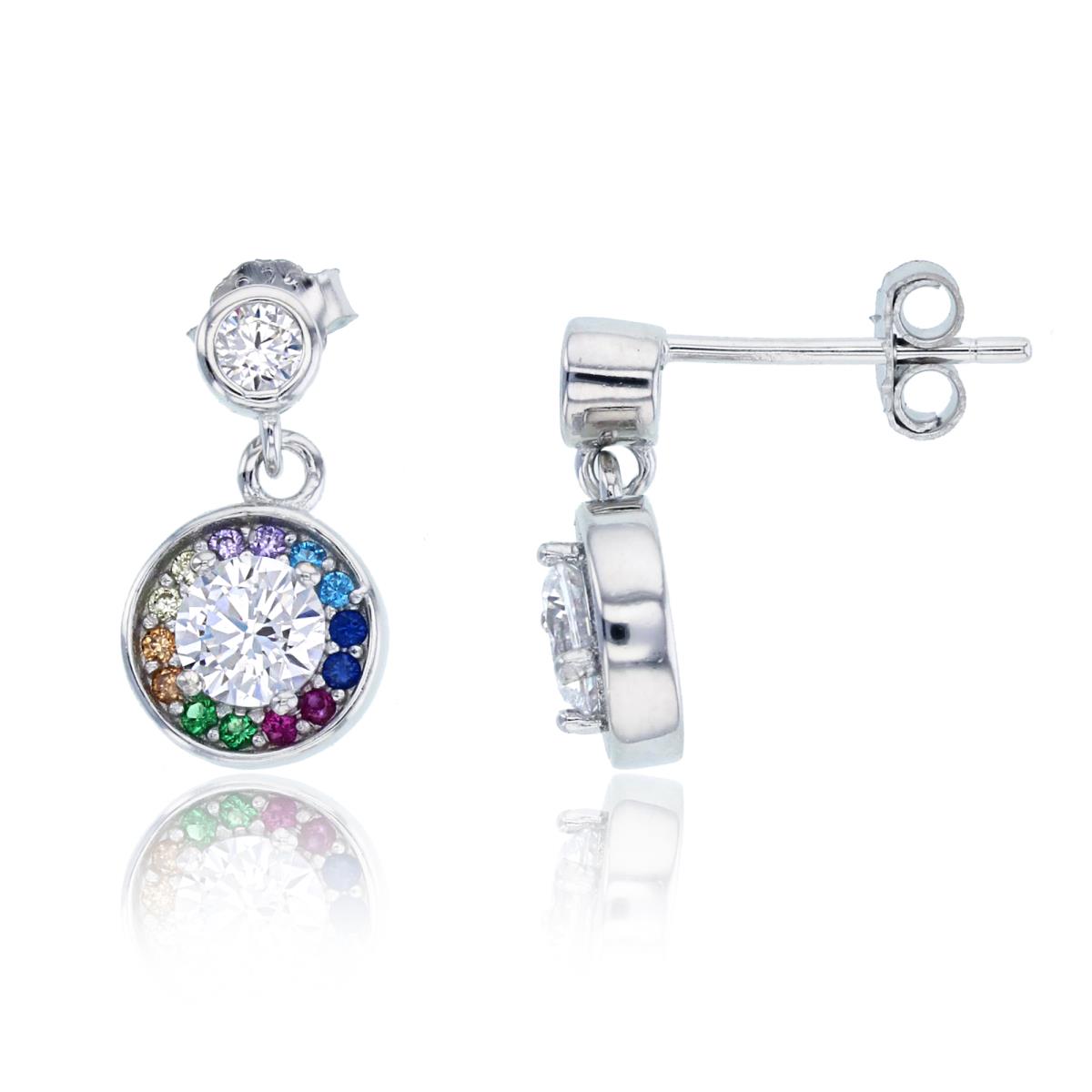 Sterling Silver Rhodium 4.5mm Rd CZ Multi Color Halo Dangling Earring