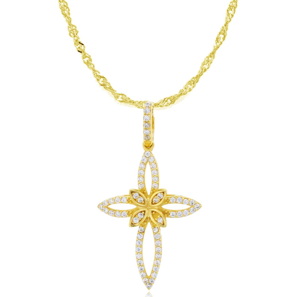 Sterling Silver Yellow 1-Micron CZ Open Cross 18"+2" Singapore Necklace