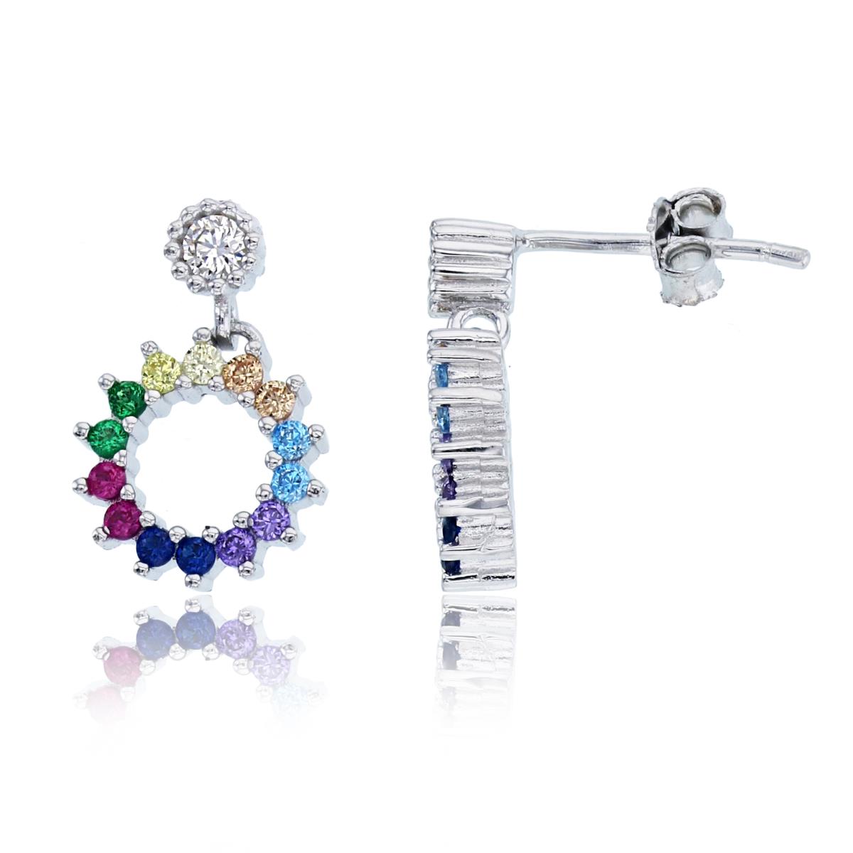 Sterling Silver Rhodium Multi Color CZ Open Circle Dangling Earring