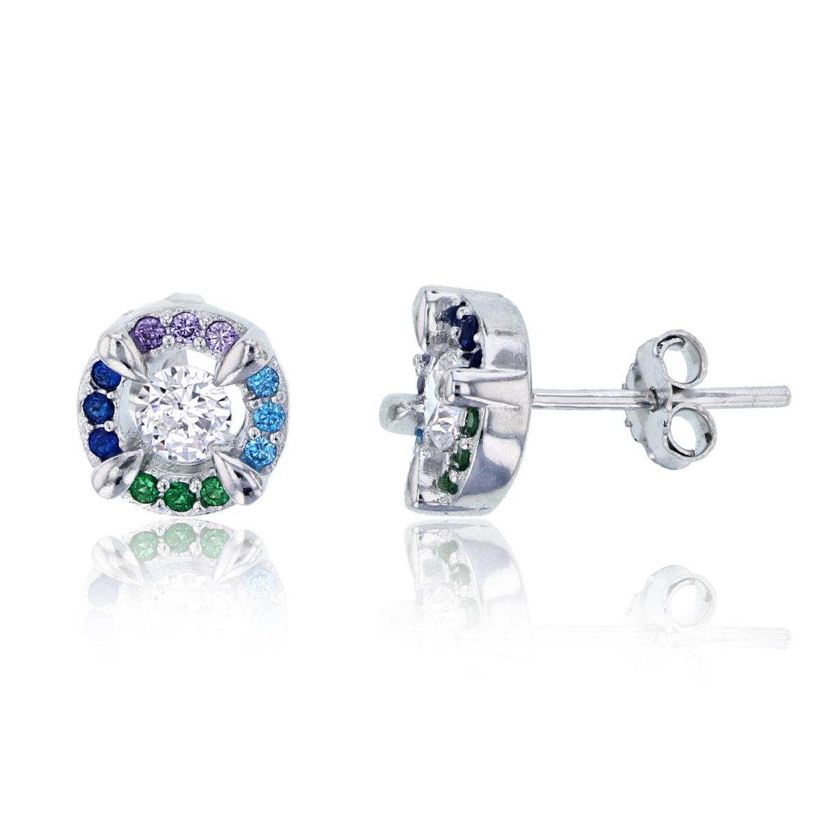 Sterling Silver Rhodium Rd CZ Multi Color Circle Stud Earring