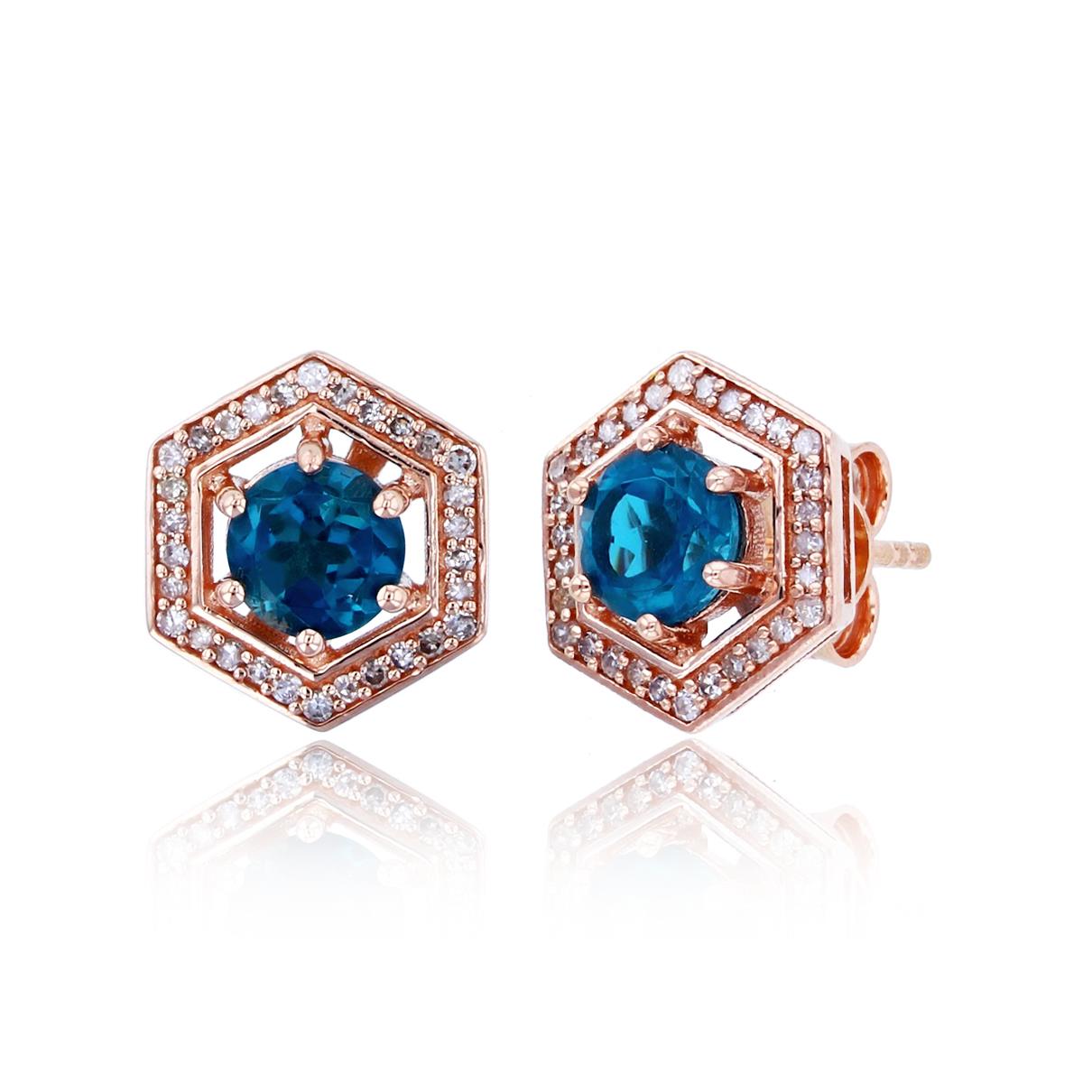 10K Rose Gold 0.18cttw Rnd Diamonds & 5mm Rnd London Blue Topaz Hexagon Studs