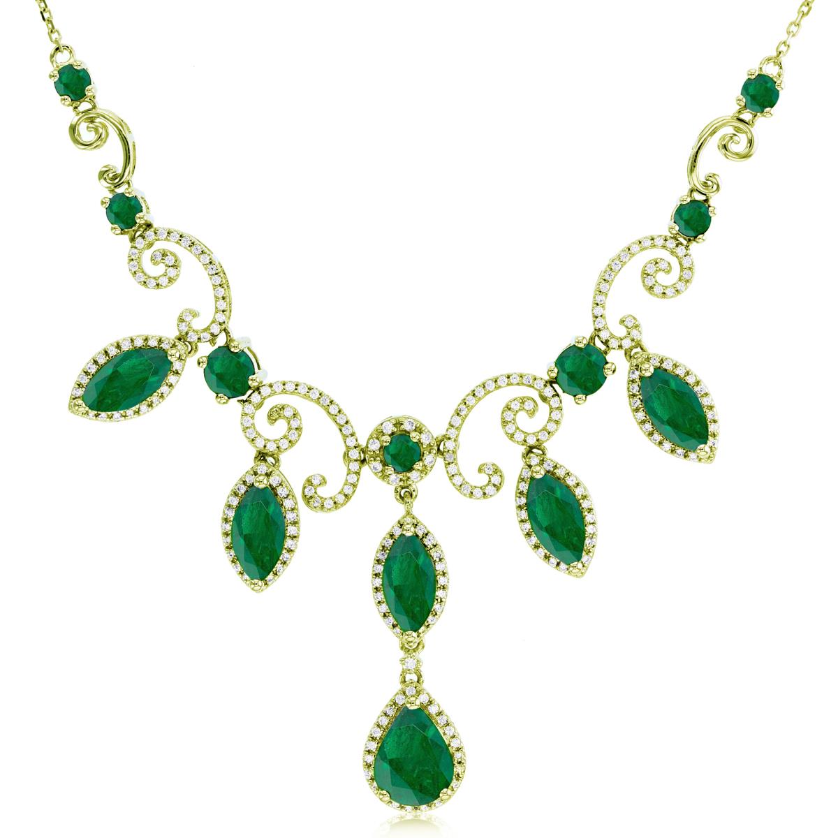 10K Yellow Gold 0.50cttw Rnd Diamonds & Multishape Cr.Emerald Filigree Swirl Dangling 18"Necklace