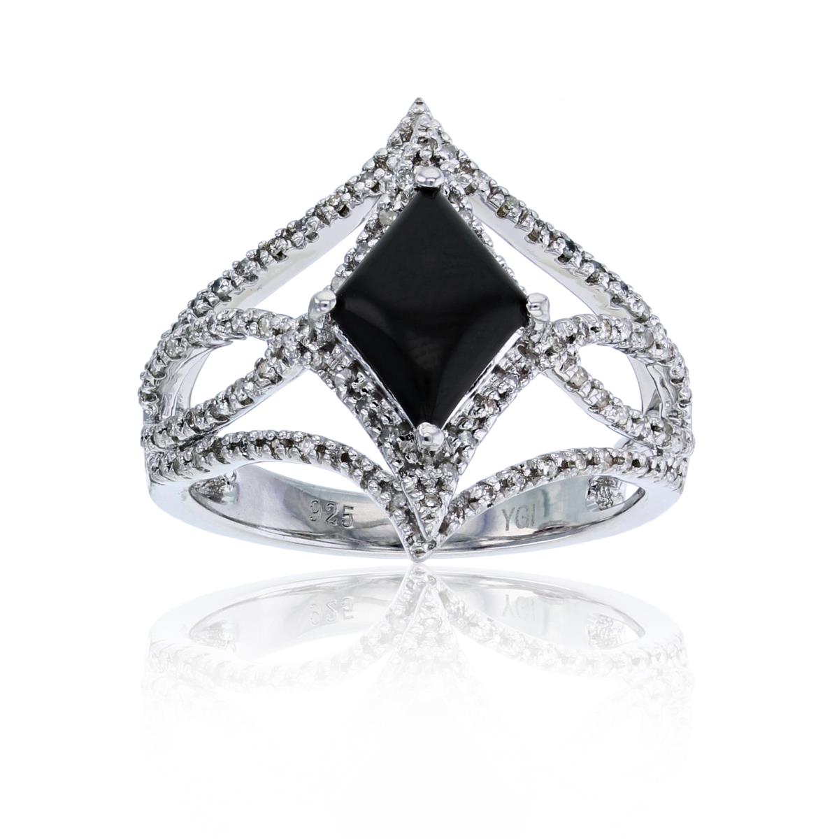 Sterling Silver Rhodium 0.28cttw Rnd Diamonds & 10x7mm Lozenge Inlay Onyx Ring