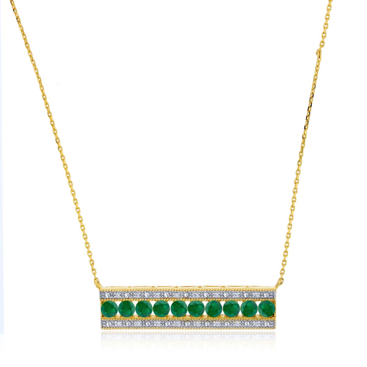 10K Yellow Gold 0.048cttw Rnd Diamonds & 3mm Rnd Created Emerald Bar 18" Necklace