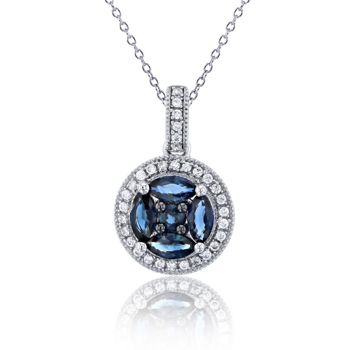14K White Gold 0.16cttw Rnd Diamonds & MQ / Rnd Blue Sapphire Circle 16+1+1"Necklace