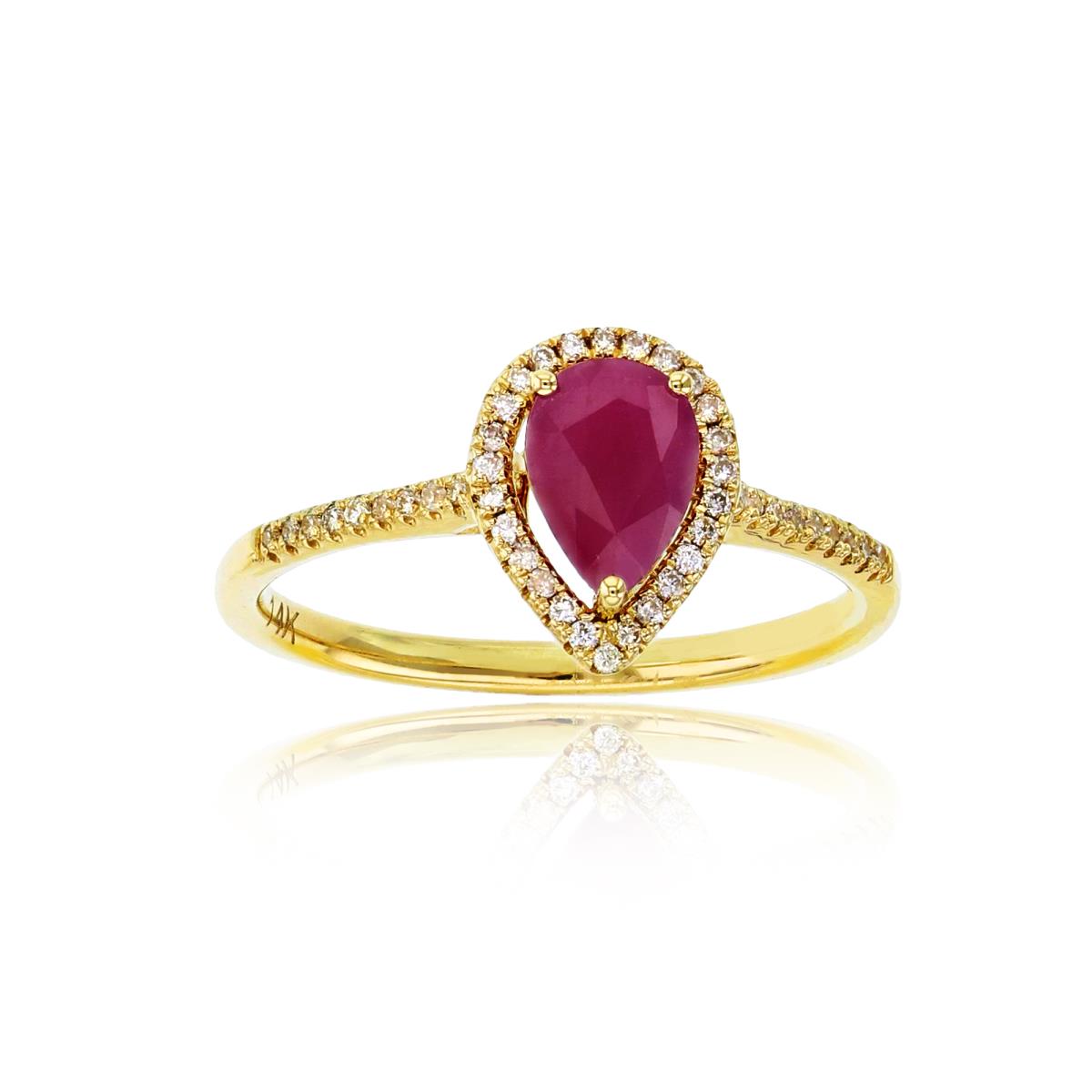 14K Yellow Gold 0.14cttw Rnd Diamonds & 7x5mm PS Ruby Halo Ring