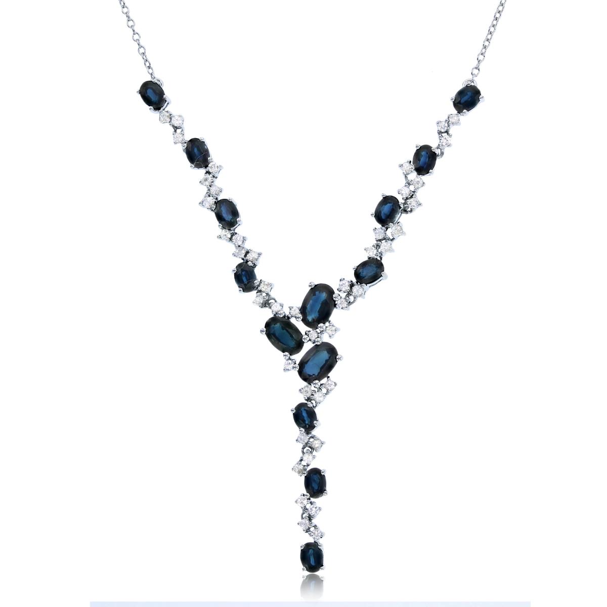 14K White Gold 6X4mm/4X3mm Ov Blue Sapphire & Rnd White Sapphire Flexy Scattered Necklace