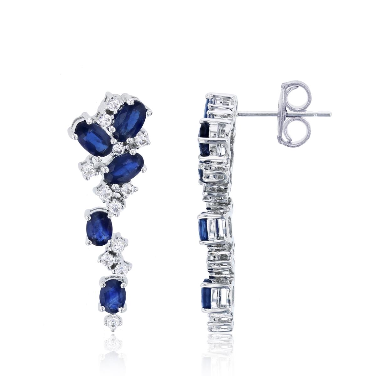 14K White Gold Oval Blue Sapphire & Rnd White Sapphire Flexi Vertical Scattered Earrings