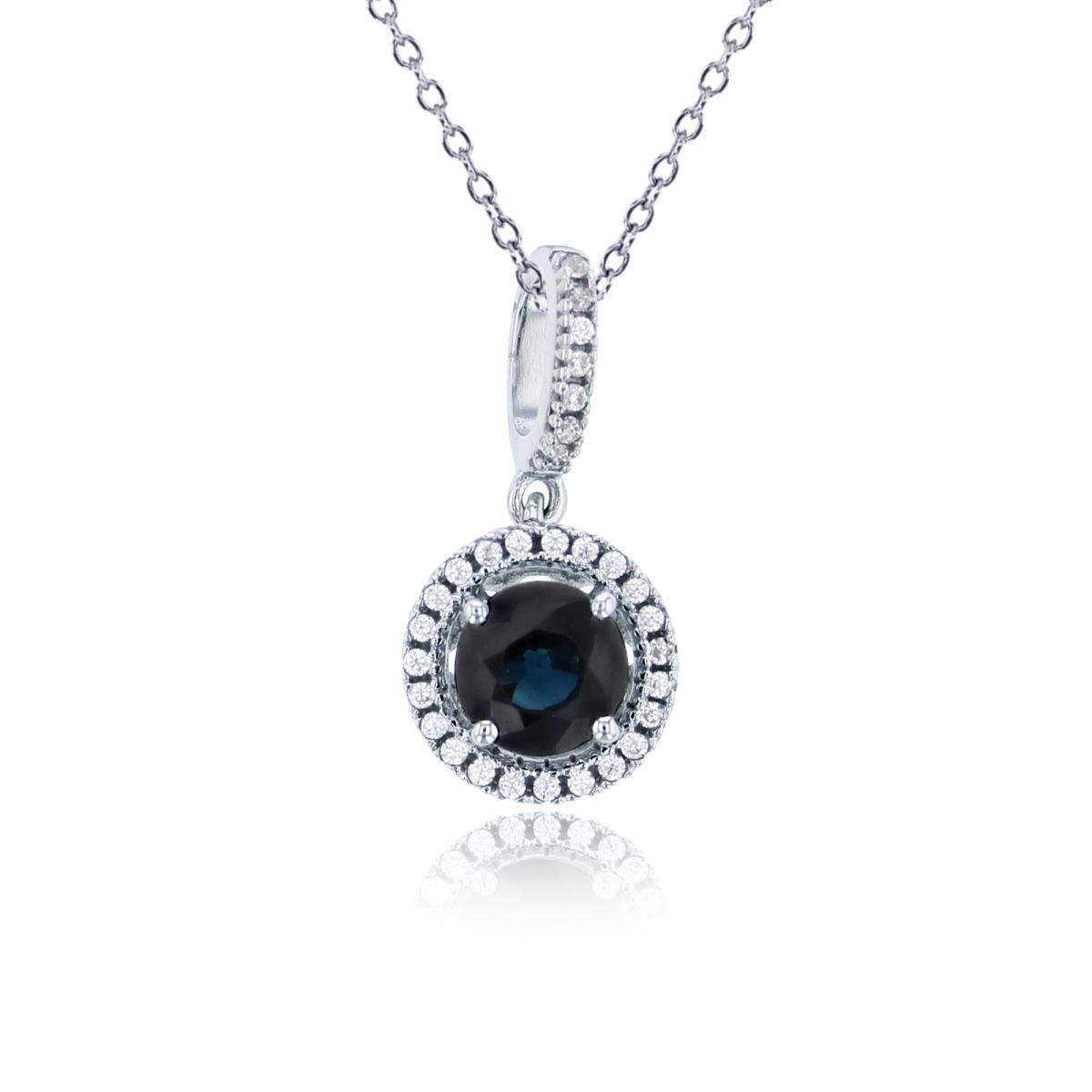 14K White Gold 0.09cttw Rnd Diamonds & 5mm Rnd Blue Sapphire Circle 16+1+1"Necklace