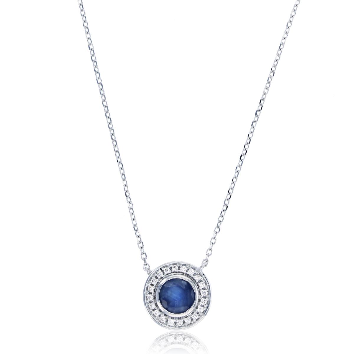 14K White Gold 0.10cttw Rnd Diamond & 5mm Rnd Sapphire Bezel Circle 16+1+1"Necklace