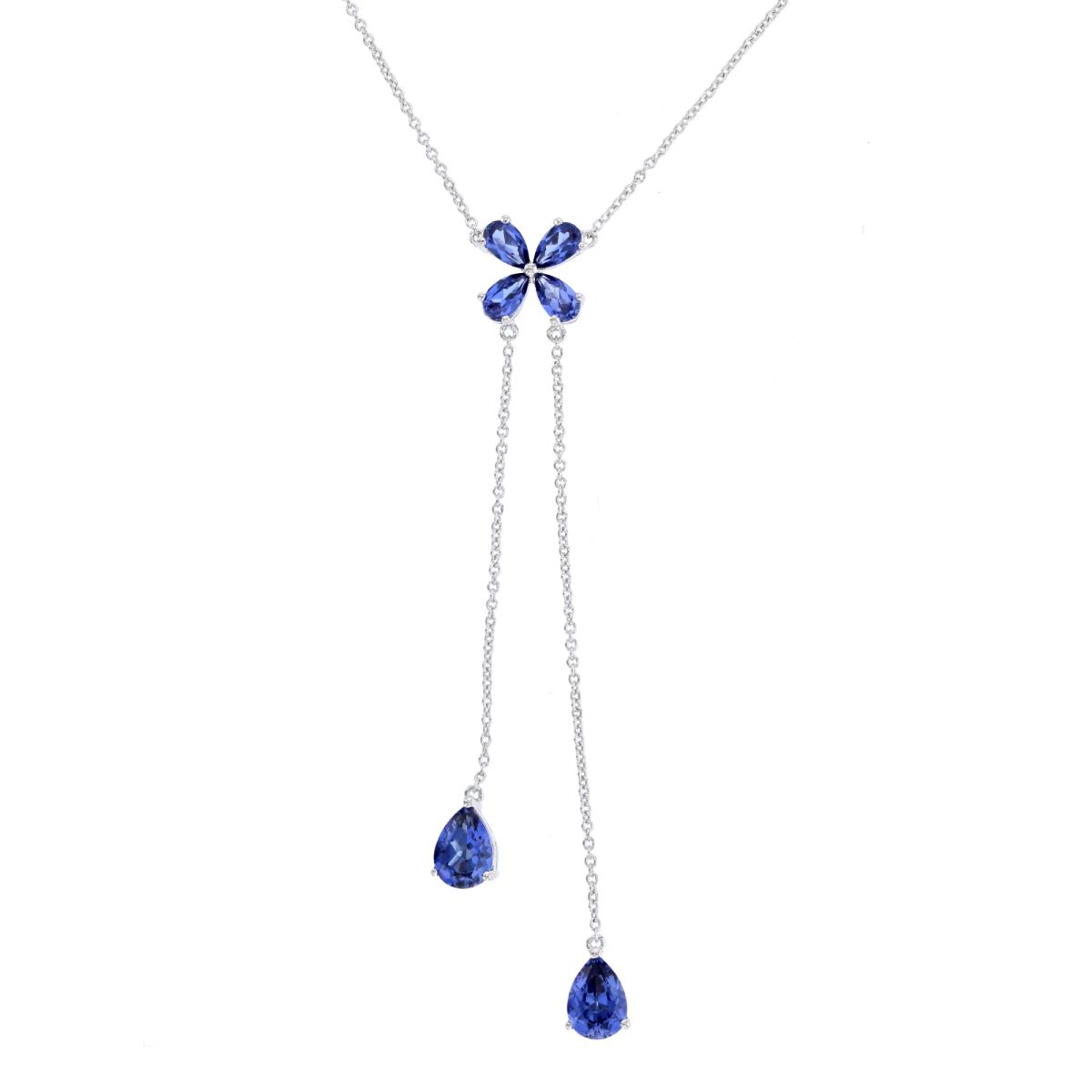 14K White Gold 7X5/5X3mm PS Created Blue Sapphire Flower Dangling Necklace